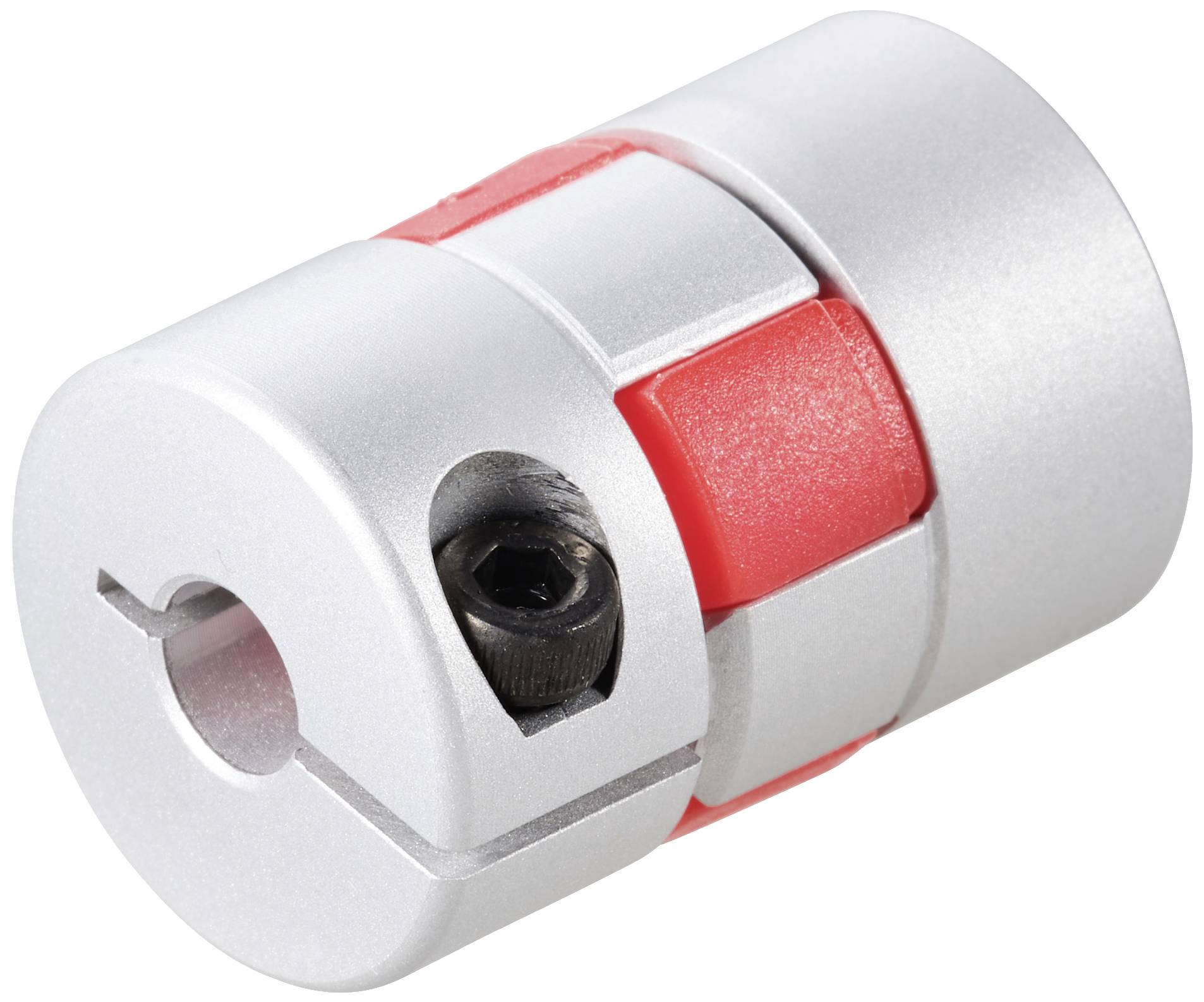 Un élément de couplage métallique élastique argenté avec un insert rouge et une vis, utilisé pour connecter des arbres dans des machines.