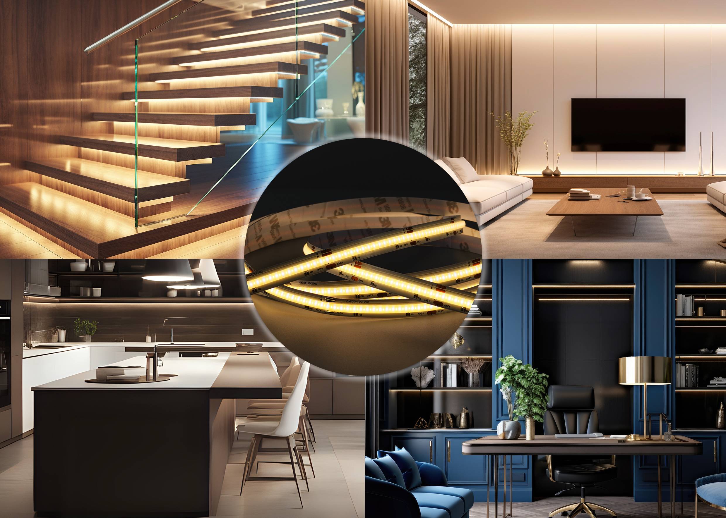 'Collage d'architecture intérieure moderne : escalier éclairé, salon avec mobilier contemporain, cuisine avec îlot central, bureau bleu.'