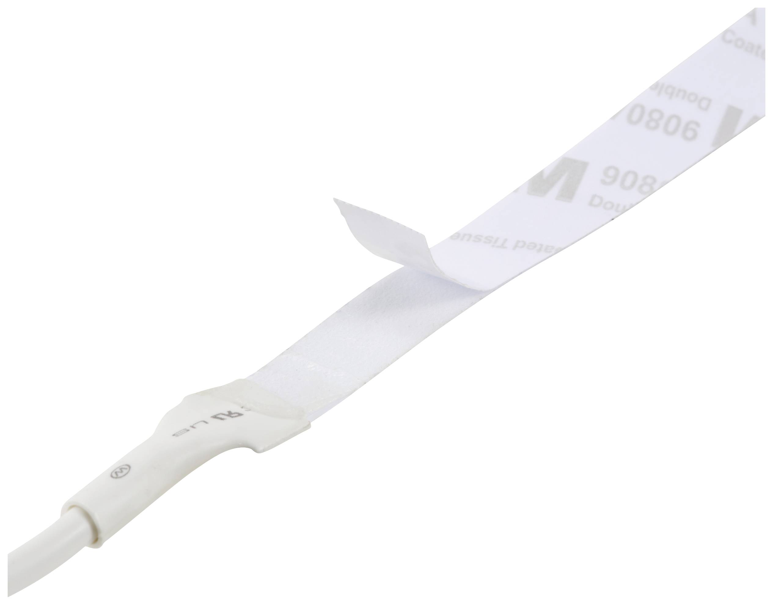 Un collier de serrage blanc avec une bande adhésive détachable, partiellement décollée, sur un fond blanc.