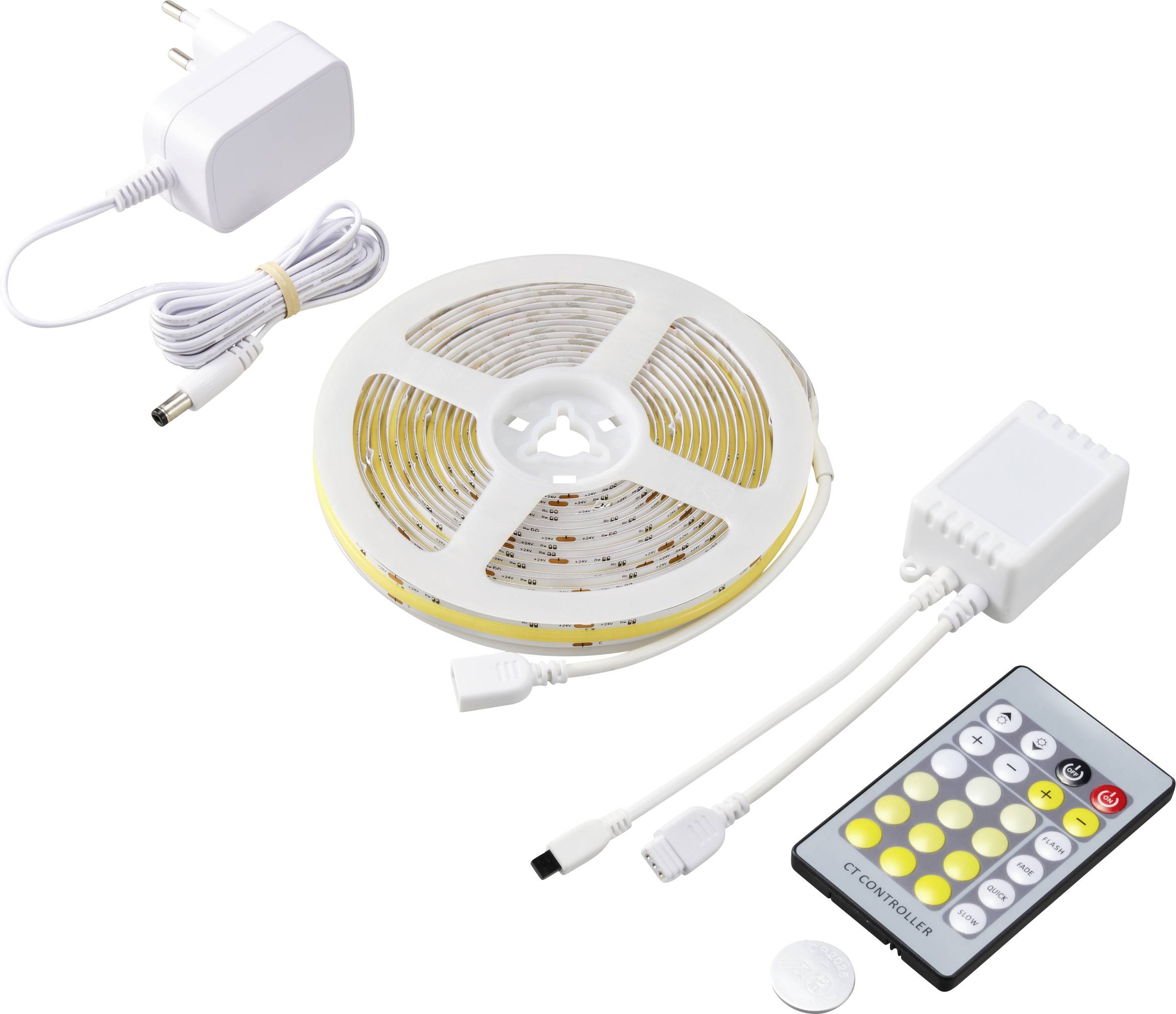 Ensemble de bandes lumineuses LED avec alimentation, télécommande et boîtier de contrôle. Utilisable pour un éclairage personnalisé et la commande des couleurs.
