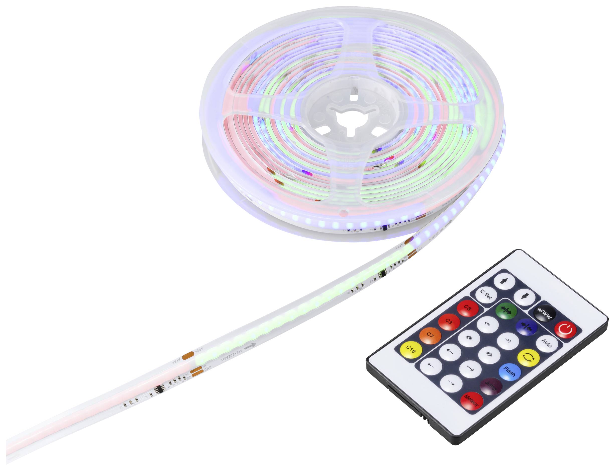 Rouleau avec bande lumineuse LED et télécommande. La télécommande possède des boutons colorés permettant de contrôler les couleurs et les motifs lumineux.