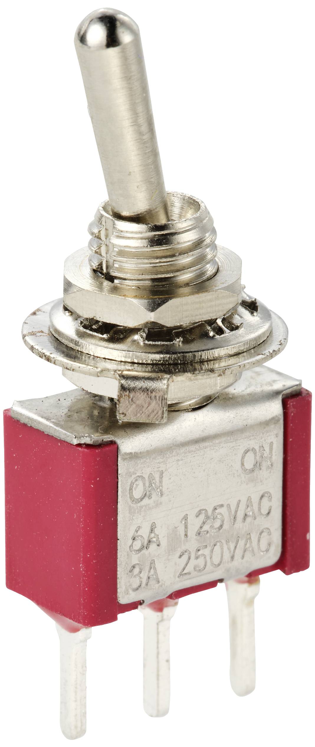 Un interrupteur à bascule rouge avec trois broches de connexion. Étiqueté 'ON' et avec les spécifications techniques : 6A 125VAC, 3A 250VAC.