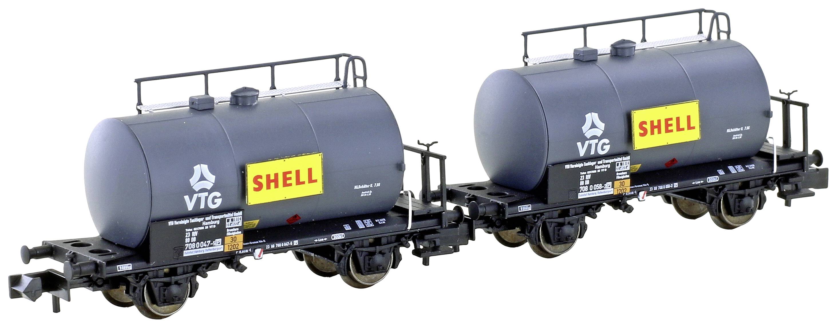 Deux wagons-citernes gris à l'échelle des modèles réduits, portant les logos 'VTG' et 'Shell', adaptés pour un réseau de train miniature.