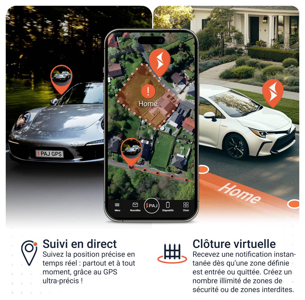 Graphique publicitaire pour la localisation GPS et les zones de sécurité : suivi automatique du véhicule sur la carte du smartphone, zone « Domicile » marquée et alarme en cas de départ ou d'arrivée.
