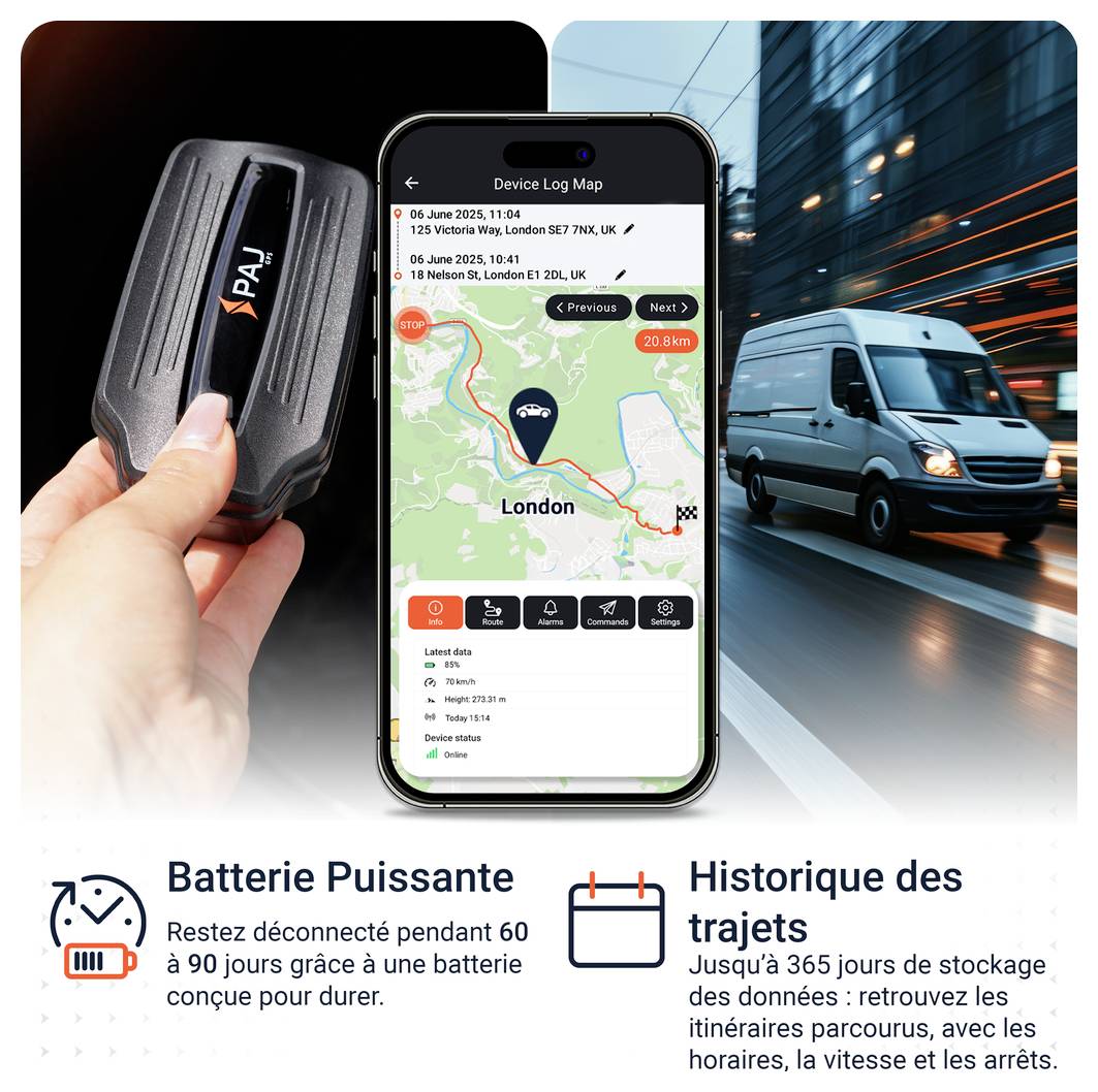 Graphique publicitaire pour un suivi GPS : une main tient l'appareil, un smartphone affiche une carte d'itinéraire, un camion de transport roulant sur la droite ; en dessous, un texte sur une batterie performante et la mémorisation des trajets.