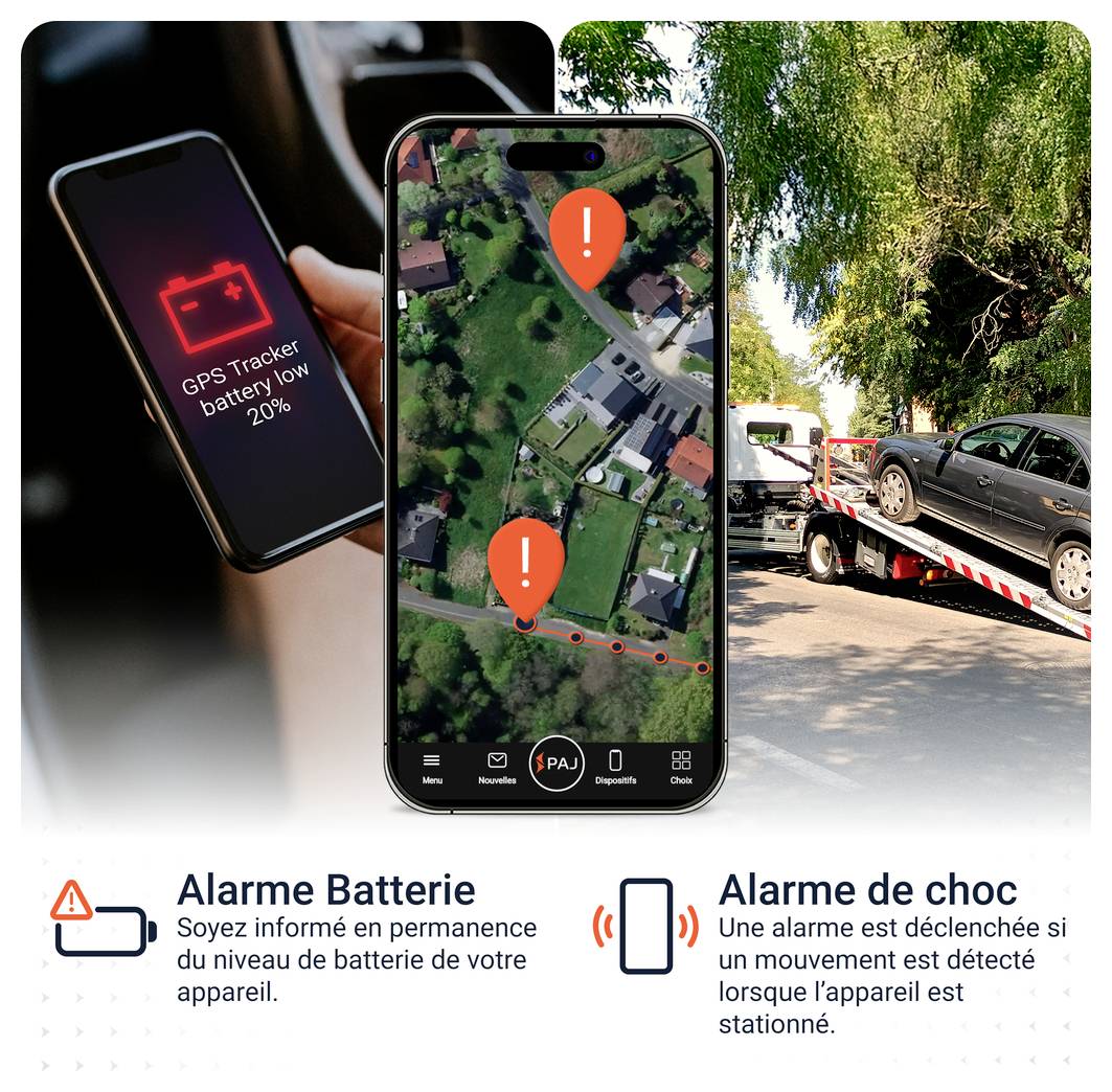 Graphique publicitaire pour suivi GPS : batterie faible, carte de localisation avec marqueurs d'alarme et remorquage d'une voiture ; textes en bas concernant l'alarme batterie et l'alarme vibration.