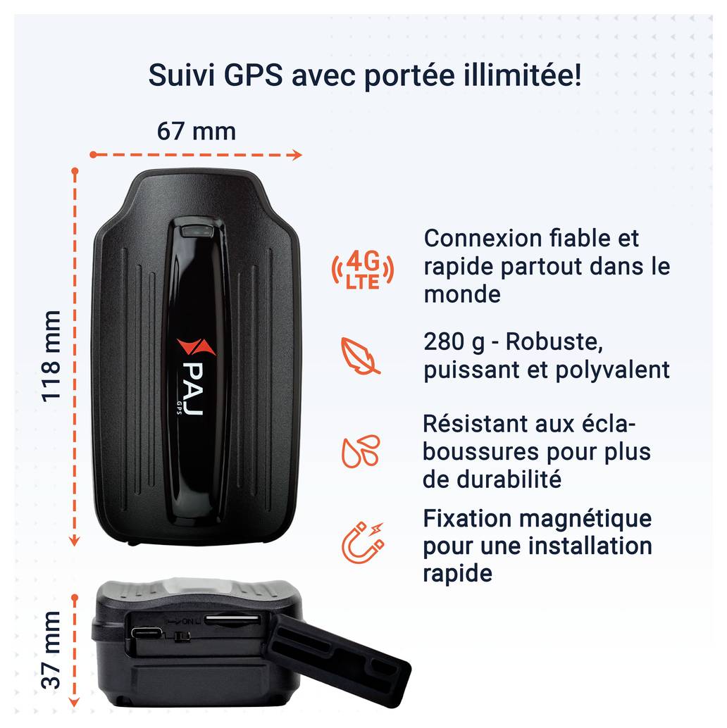 Graphique publicitaire d'un traceur GPS de PAJ aux dimensions de 67 x 118 x 37 mm ; sont mentionnés 4G/LTE, 280 g, protection contre les éclaboussures d'eau et fixation magnétique.