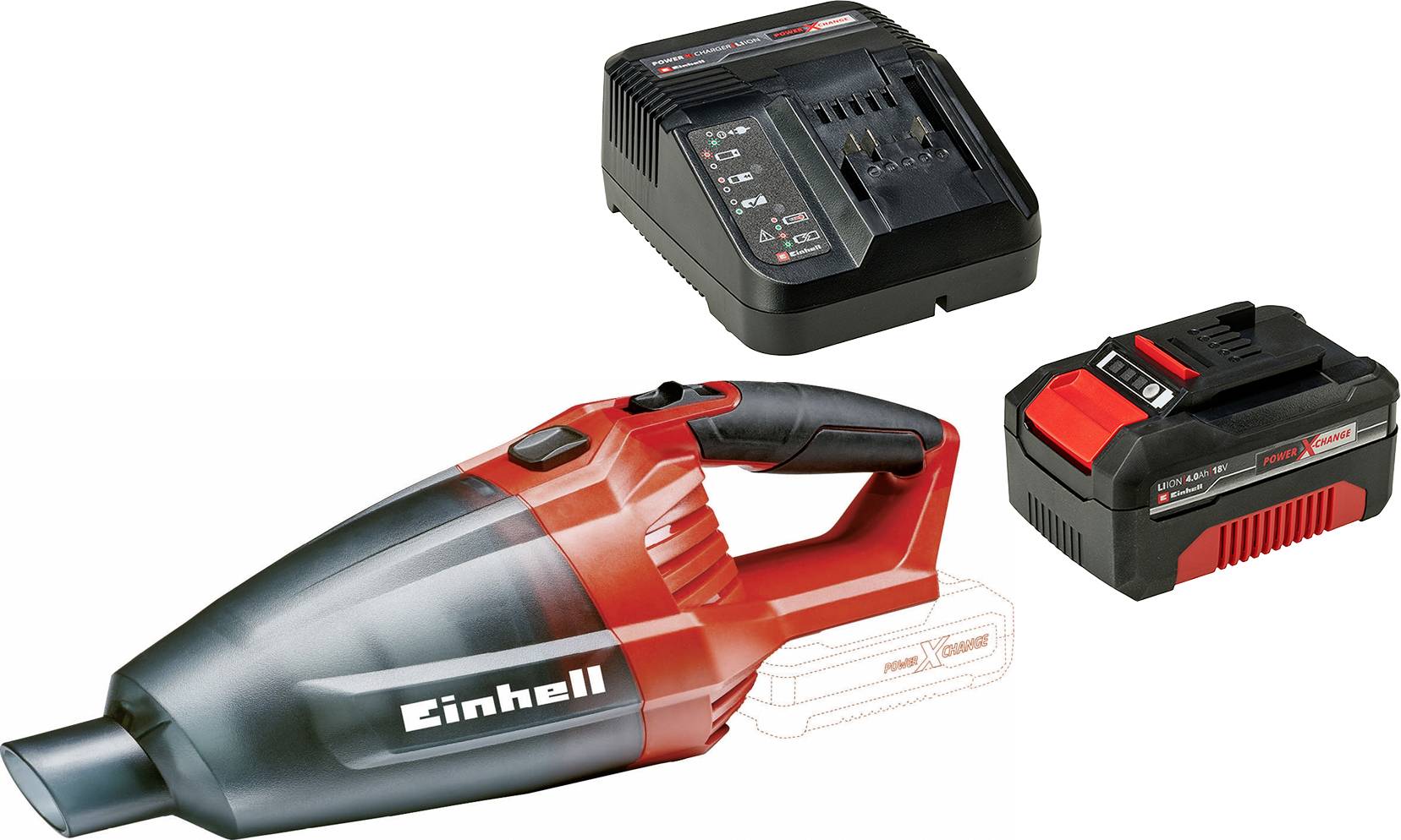 Un aspirateur à main rouge et noir avec une batterie et un chargeur, portant la marque 'Einhell'. Toutes les pièces sont disposées côte à côte.