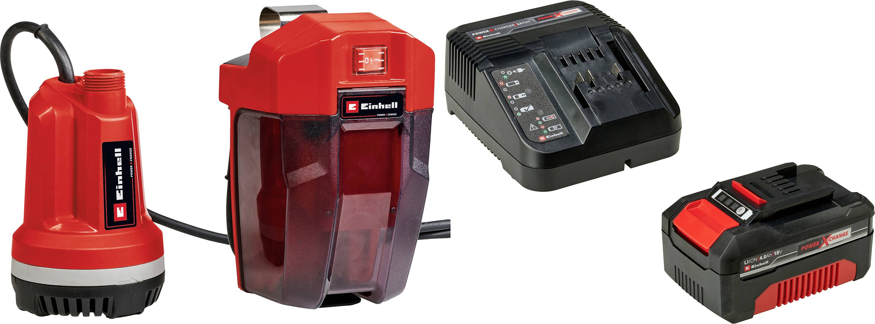 Deux appareils rouges Einhell : une pompe submersible et un chargeur avec batterie.