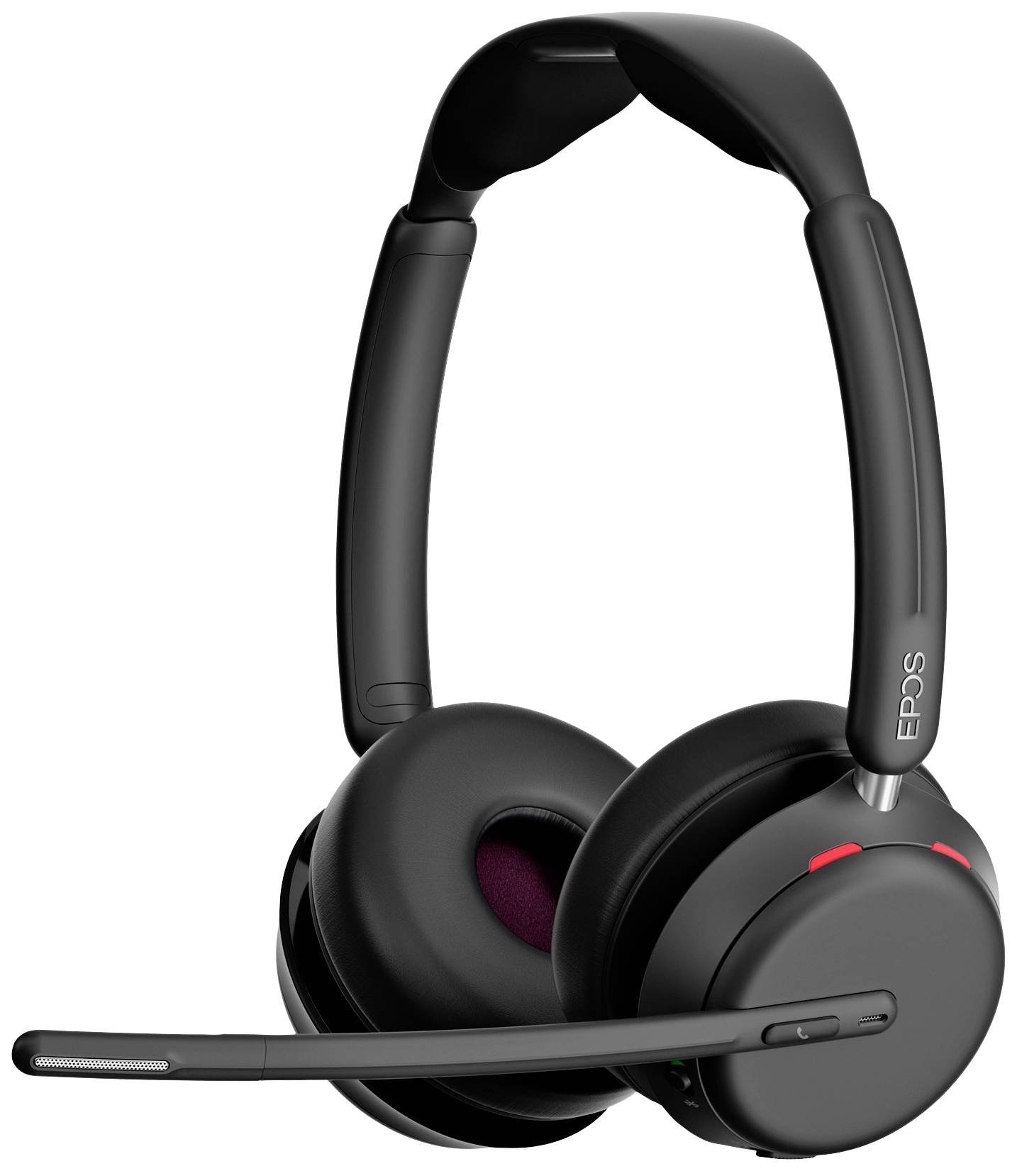 Casque sans fil noir avec microphone et accents rouges. Idéal pour les appels ou la musique. Logo de la marque visible sur le côté.