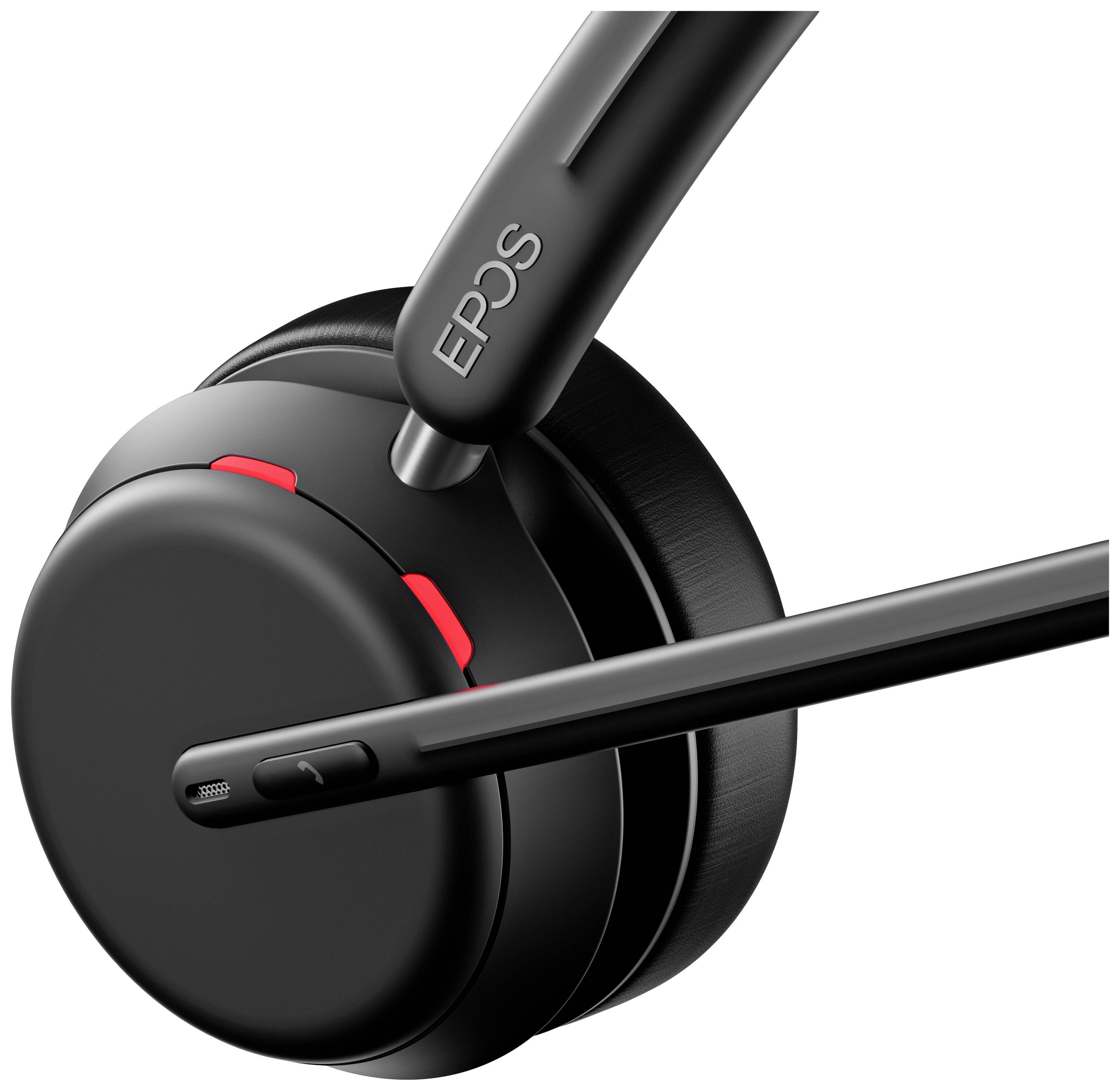 Casque noir avec bras micro et commandes rouges, nom de marque 