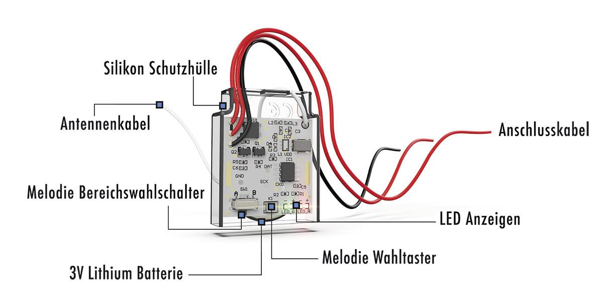 Circuit électronique avec batterie lithium 3V, indicateurs LED, câbles de connexion et boutons pour la sélection de mélodie et le changement de plage.