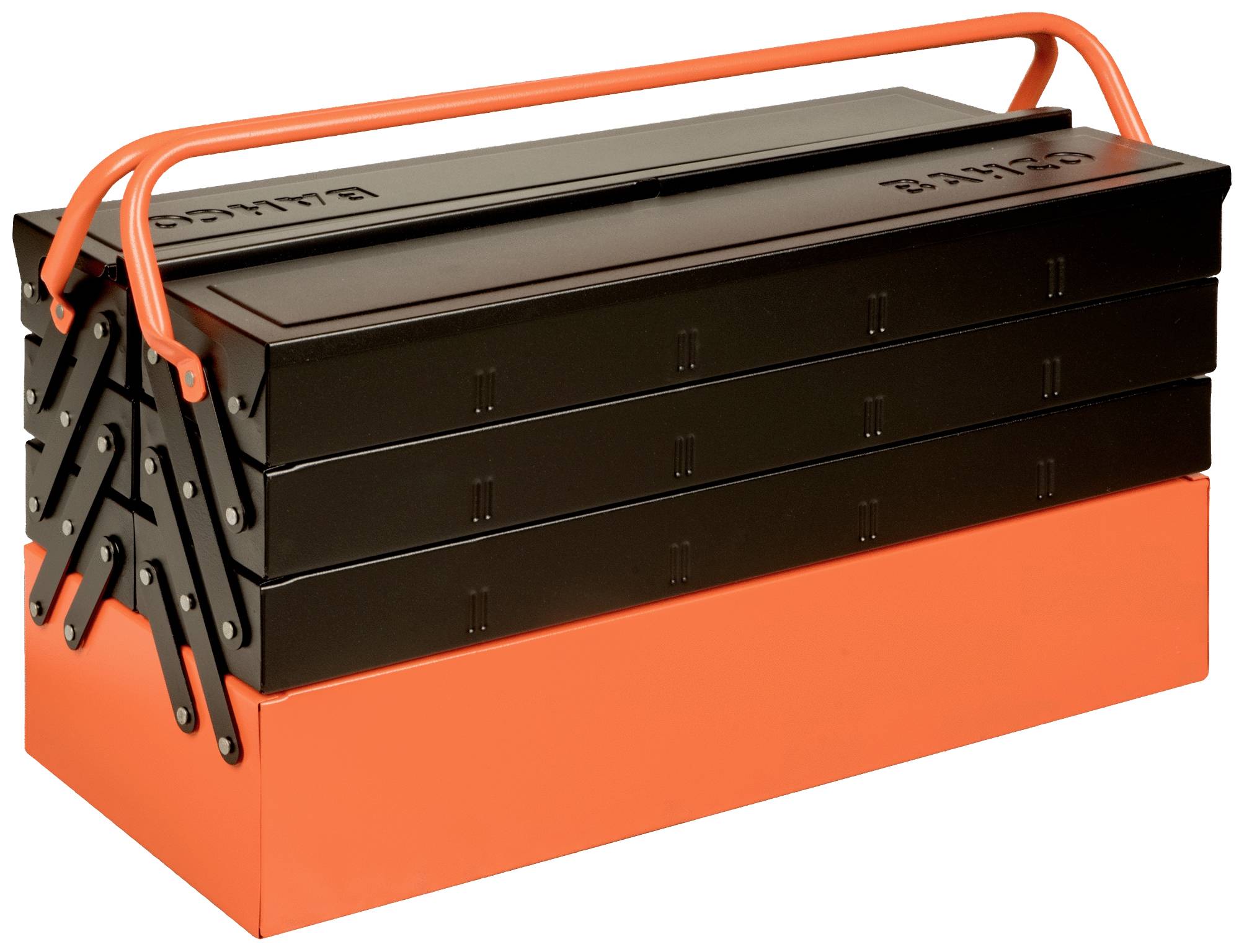 Boîte à outils en métal rouge et noir avec quatre tiroirs extractibles et une poignée de transport.