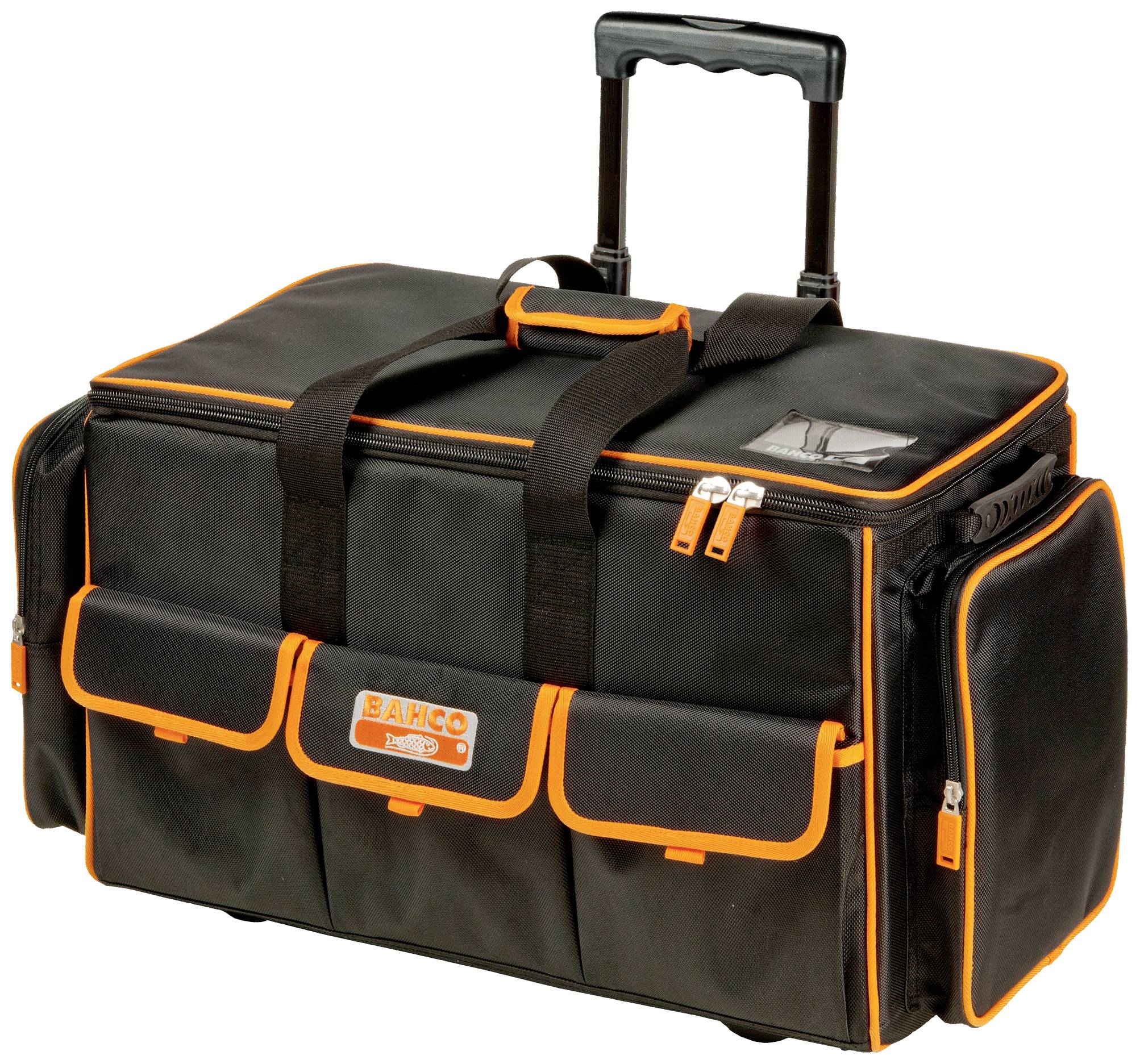 Un grand sac à outils noir sur roulettes avec des coutures oranges et plusieurs poches extérieures, avec une poignée de traction en haut.