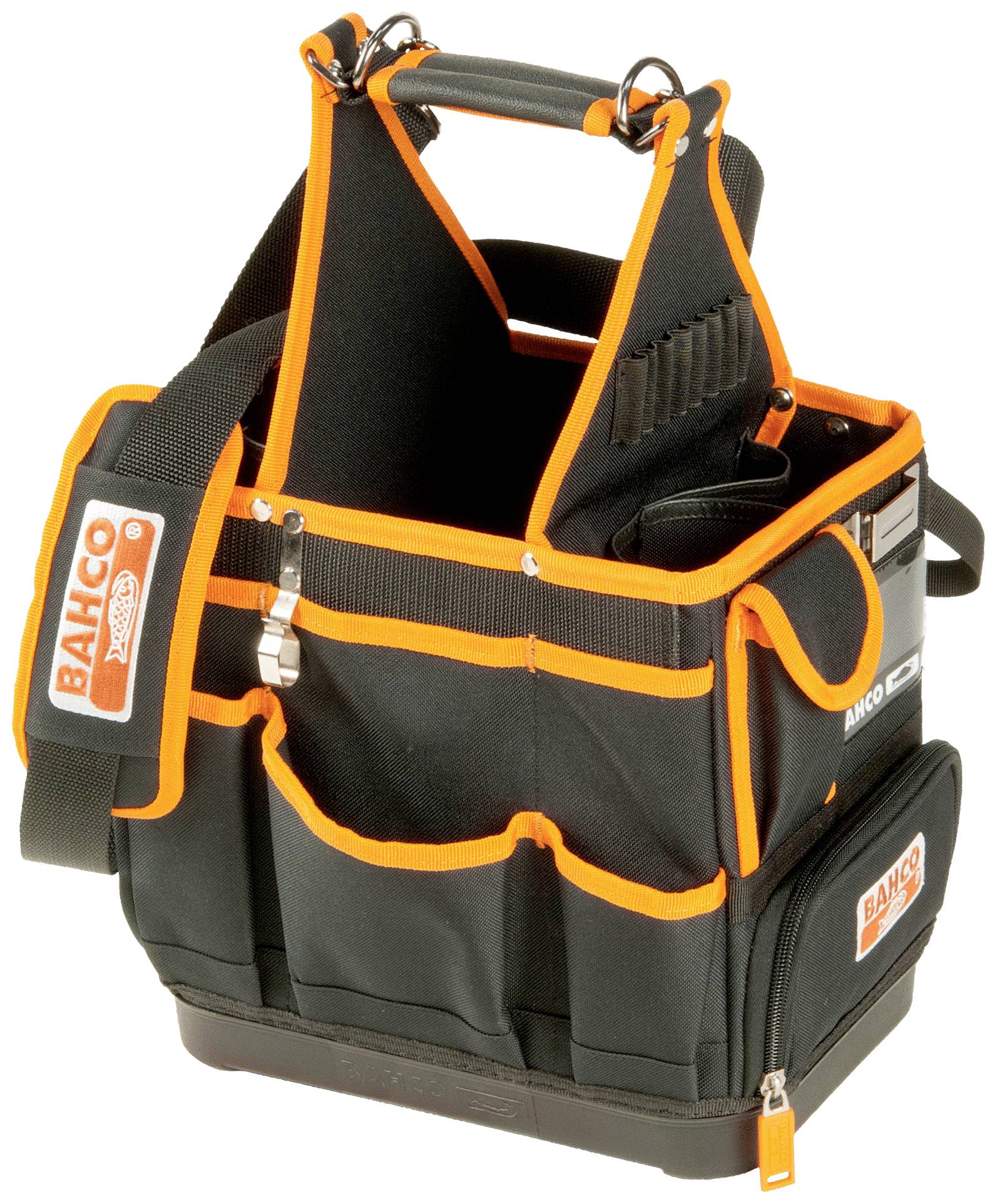 Sac à outils multipoches et multicompartiments, noir avec des accents orange, marque 'Bahco'. Idéal pour les artisans.