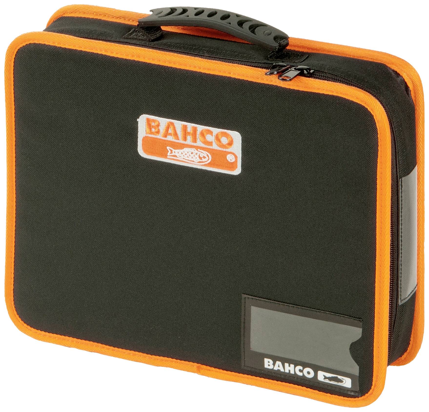 Un sac à outils noir avec une bordure orange, portant le logo et l'inscription 'BAHCO'.