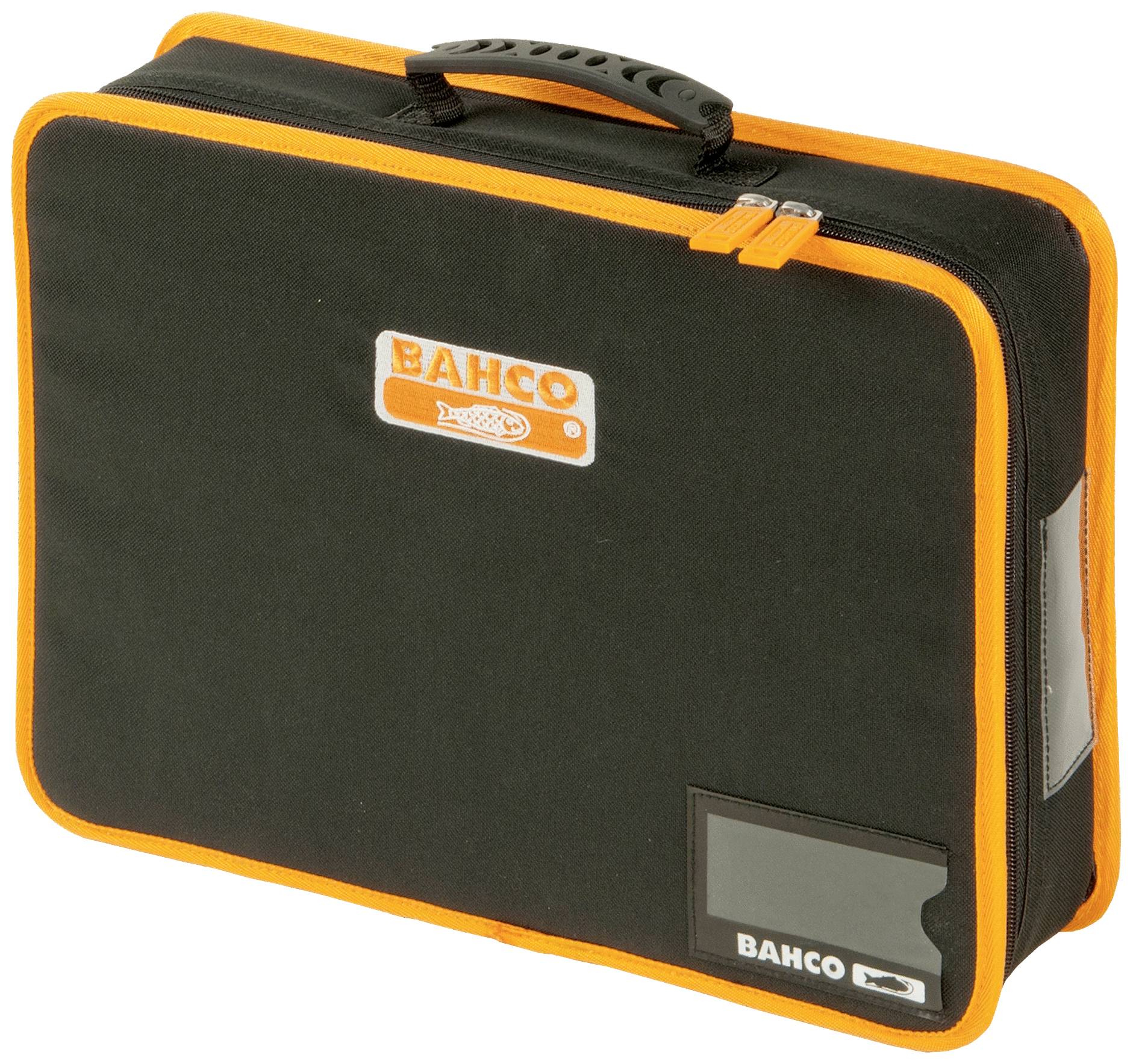 Un sac noir rectangulaire avec un bord orange, portant l'inscription 'Bahco' et une pochette transparente sur l'avant.