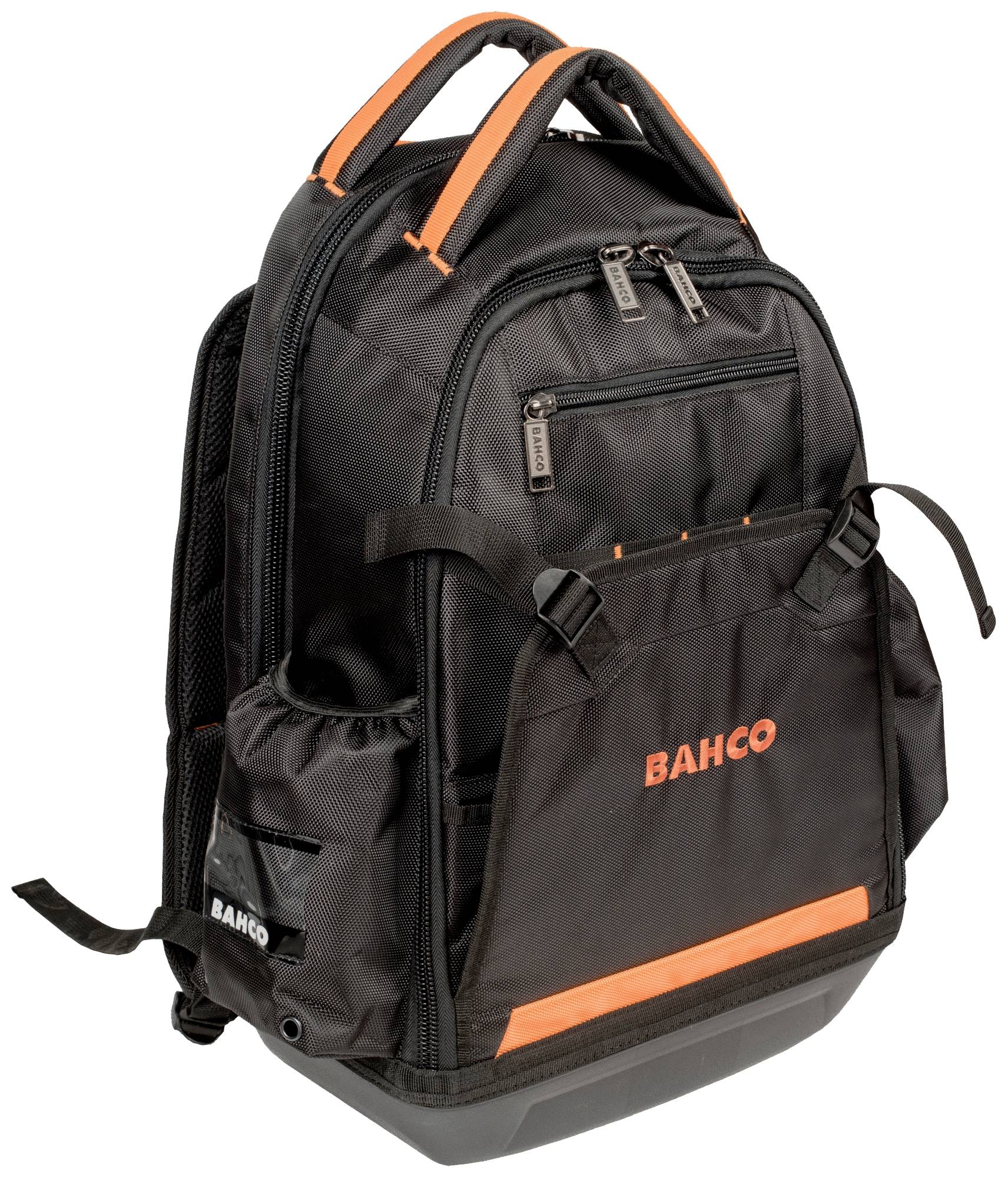 Sac à dos noir avec des accents orange et plusieurs compartiments. Texte 'BAHCO' sur la face avant. Adapté pour le rangement des outils.