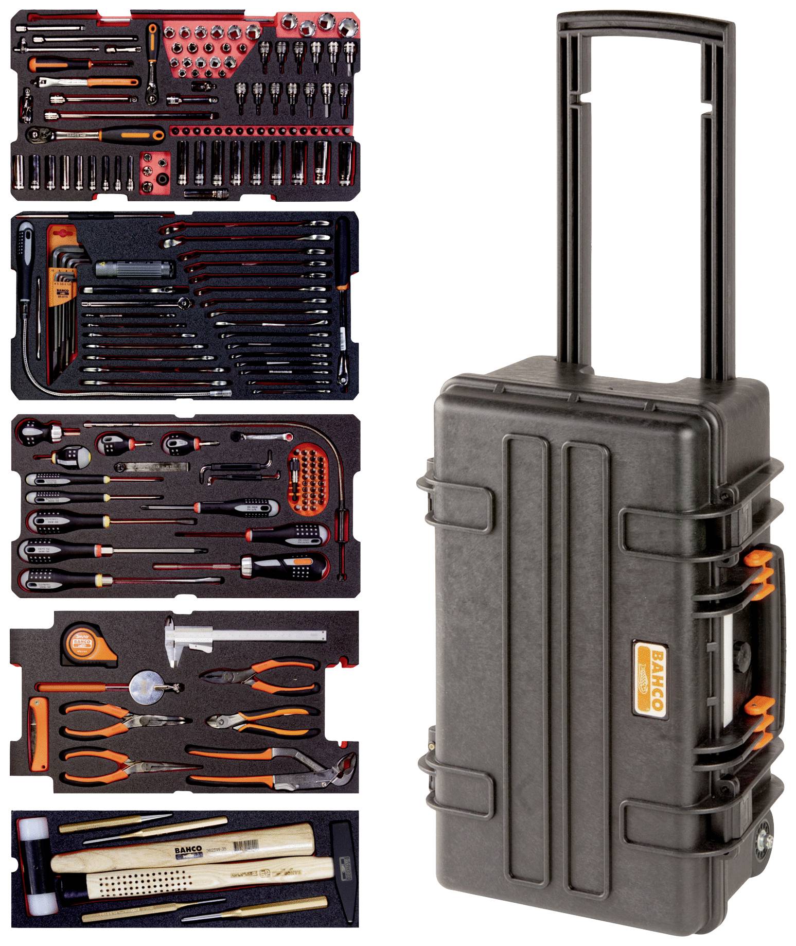 Coffret à outils avec poignée télescopique, contenant : tournevis, pinces, marteau, clés à molette et divers embouts, disposés dans des compartiments.