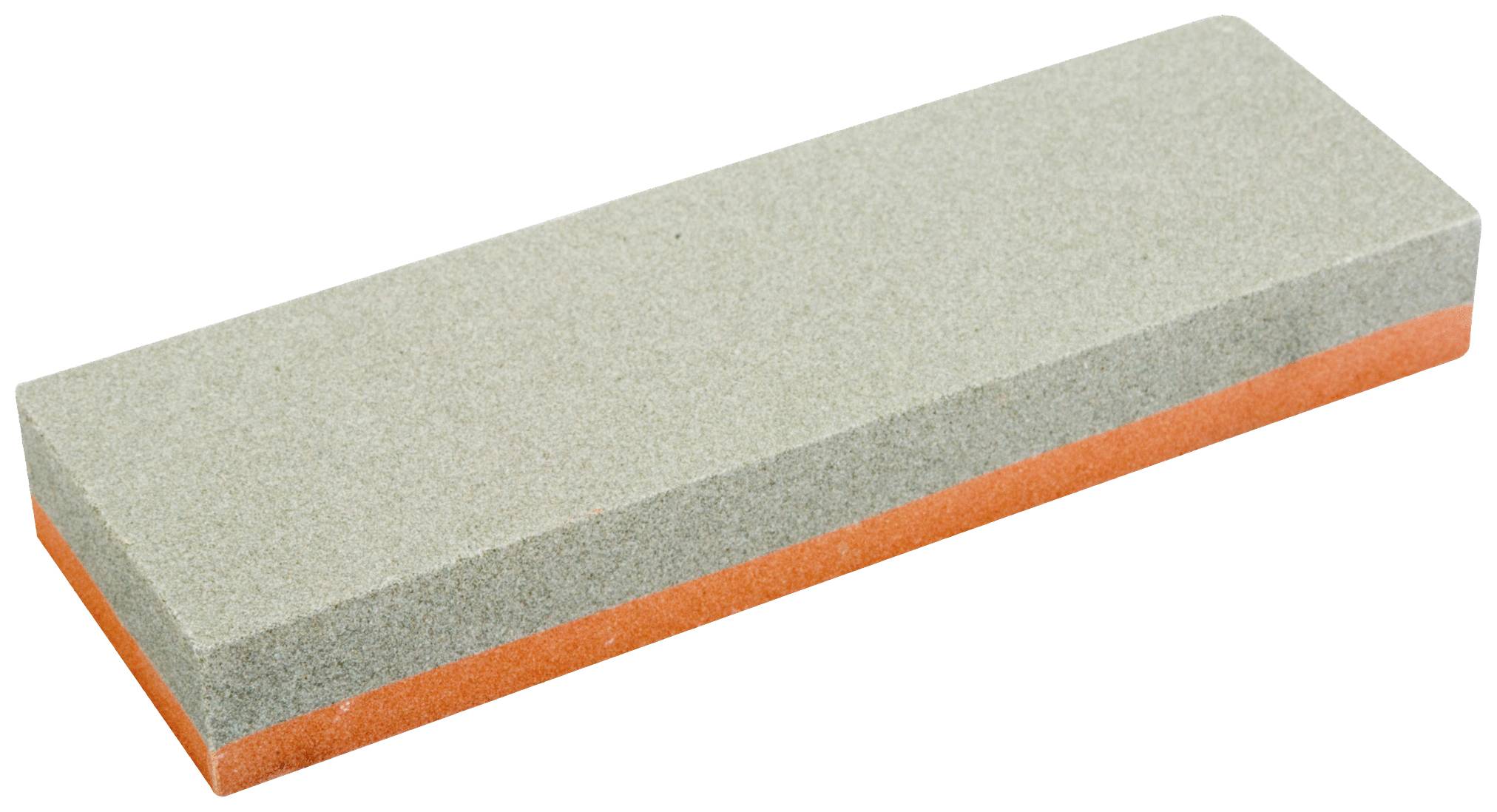 Pierre à aiguiser rectangulaire grise et orange, utilisée pour affûter les couteaux et les outils.