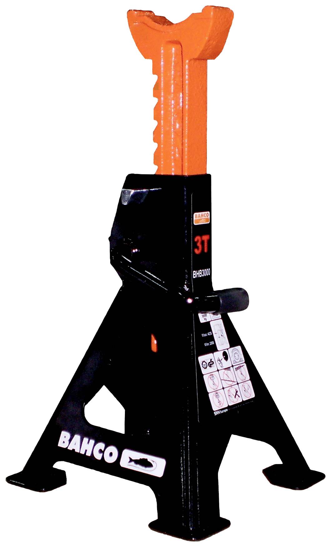 'Chandelle de levage Bahco, capacité de 3 tonnes, noir et orange, avec mécanisme de sécurité et symboles d'instructions d'utilisation.'