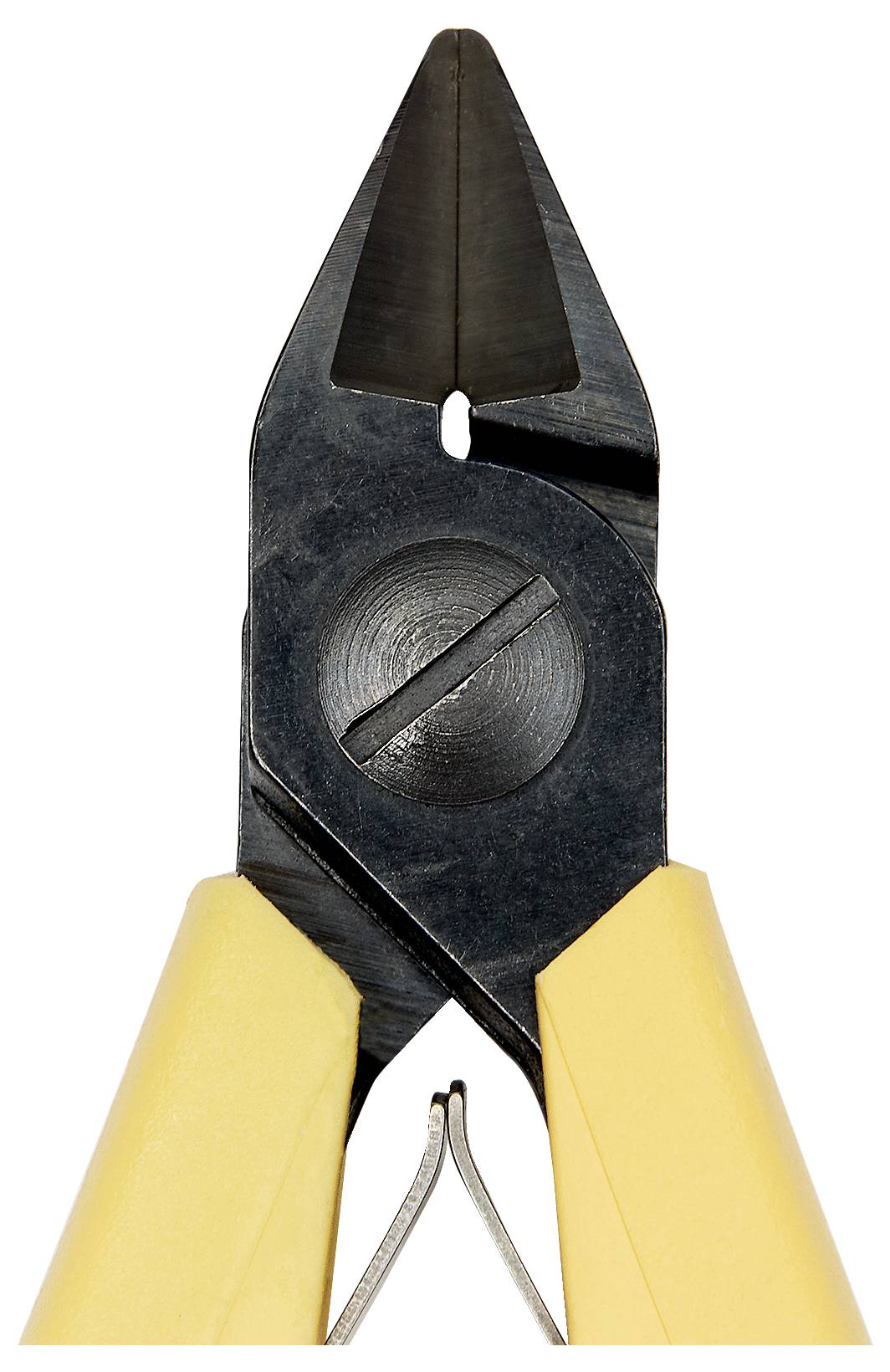 Outil coupe-fil avec des lames en métal noir et des poignées jaunes, conçu pour couper des fils ou des câbles fins.