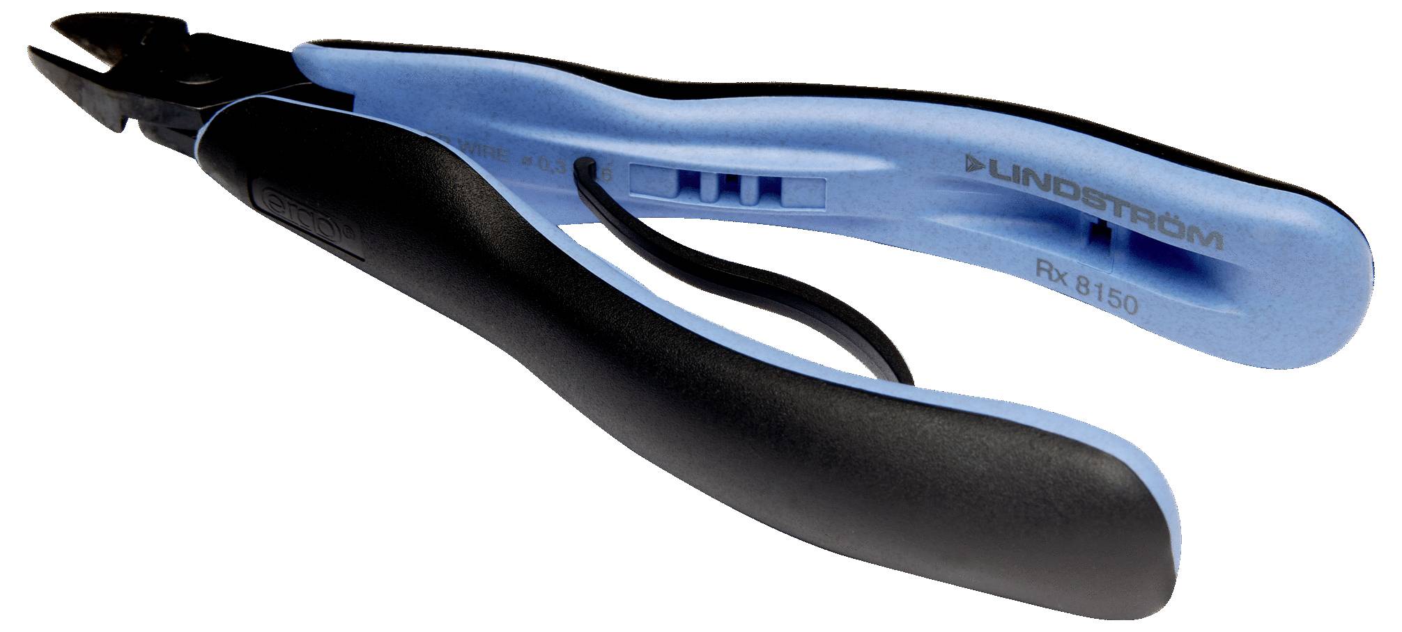 A pair of Lindström Rx 8150 ergonomic cutters with blue and black handles, designed for precision cutting in electronics or jewelry work.