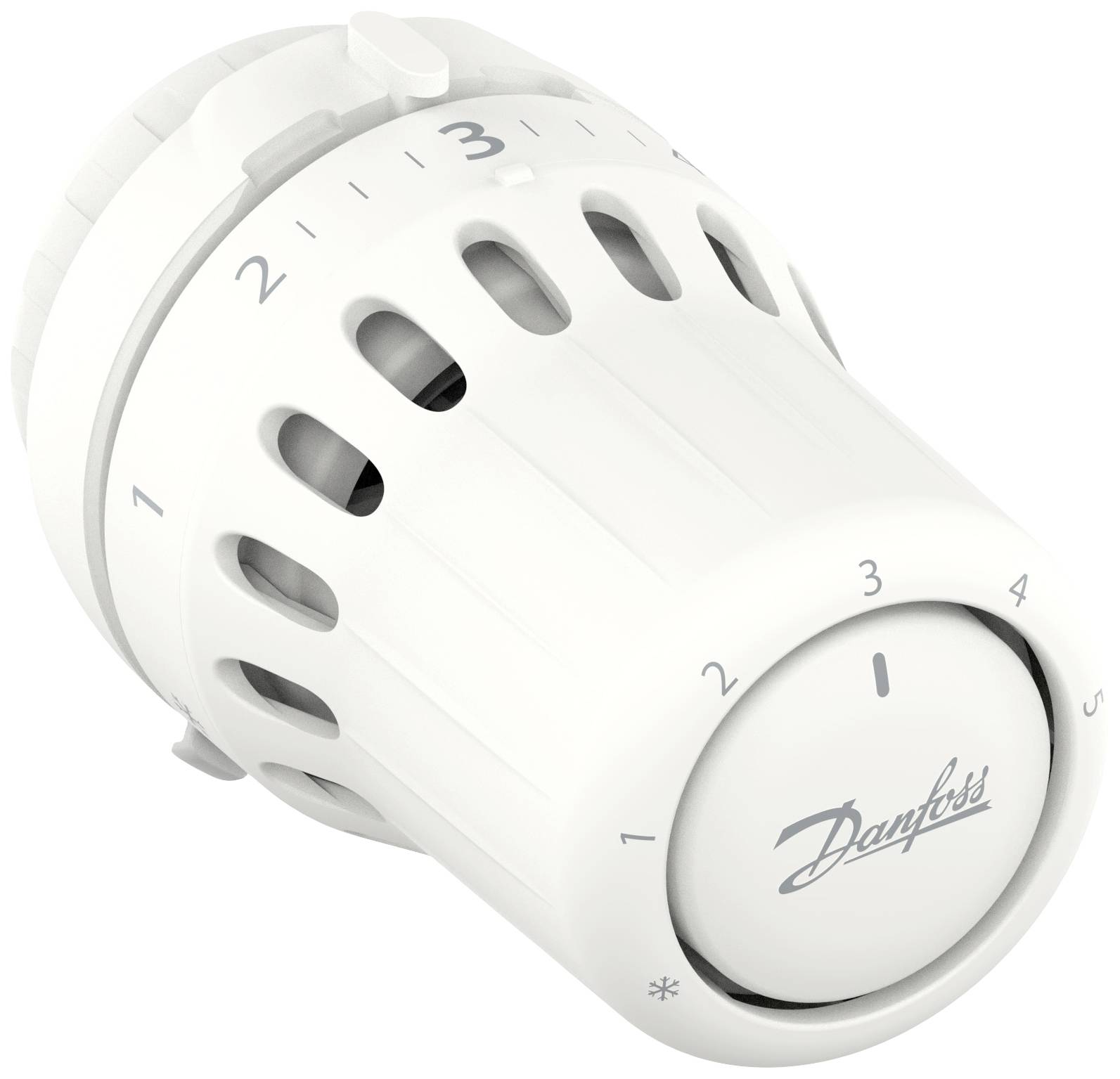 Un bouton thermostatique blanc, rond, avec une échelle de 1 à 5 marqué sur 3, et le logo de la marque sur la face avant.