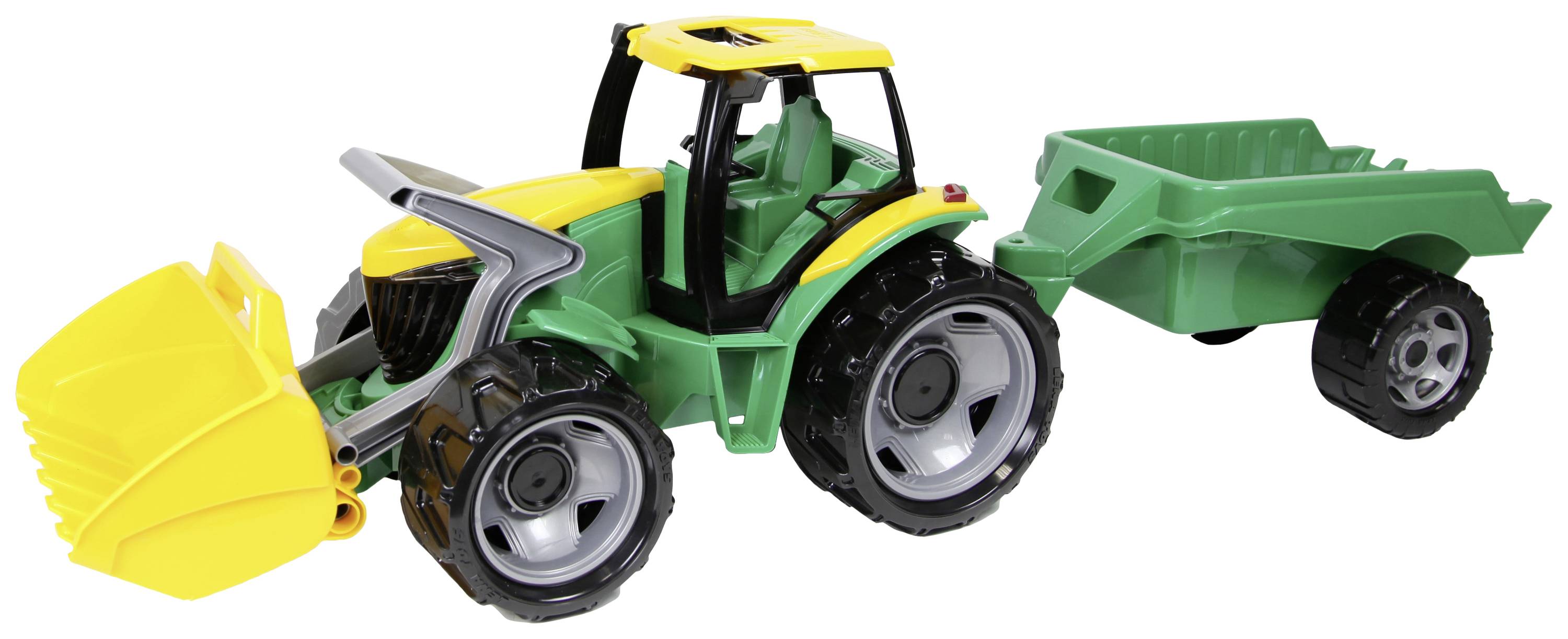 Tracteur-jouet en plastique avec une pelle jaune et une remorque verte, sur un fond blanc.