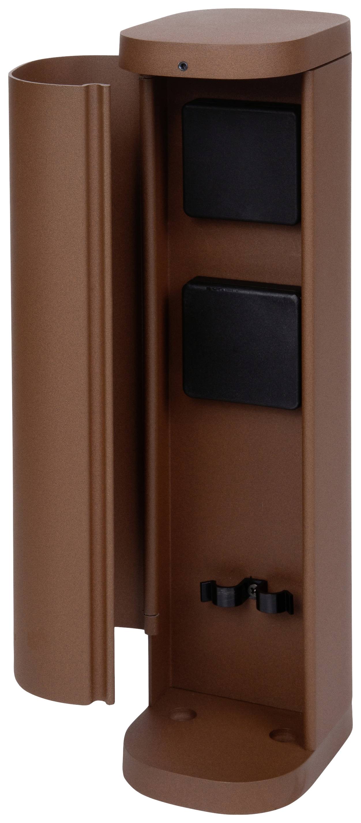 Poteau électrique extérieur marron avec deux prises noires et un couvercle de protection, adapté à une utilisation en extérieur.
