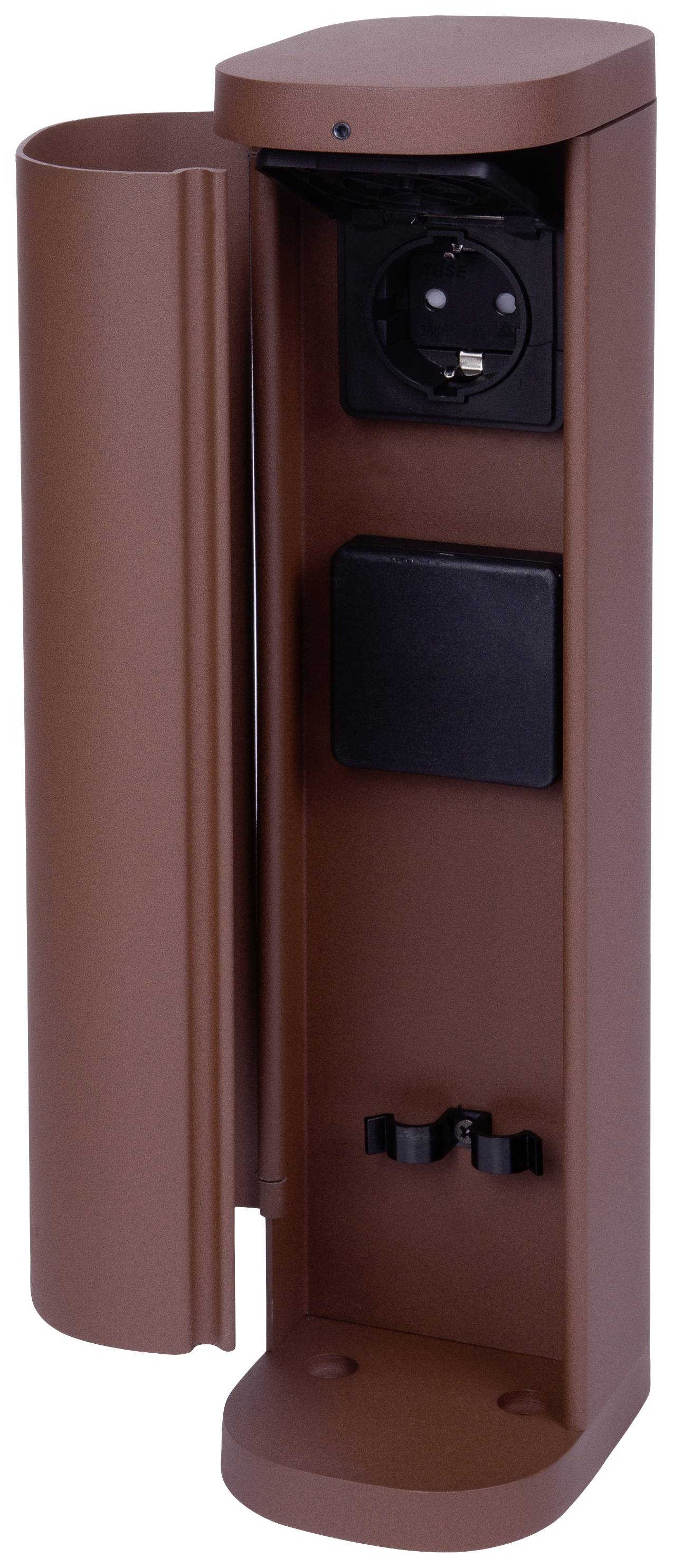 Prise extérieure marron avec couvercle, ouverte. En haut se trouve une prise électrique, en dessous un interrupteur noir et un support de câble.