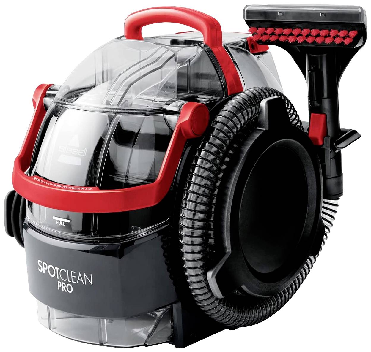 Nettoyeur de tapis portable avec réservoir d'eau transparent, boîtier noir et rouge et tuyau d'aspiration flexible, modèle 'SpotClean Pro'.