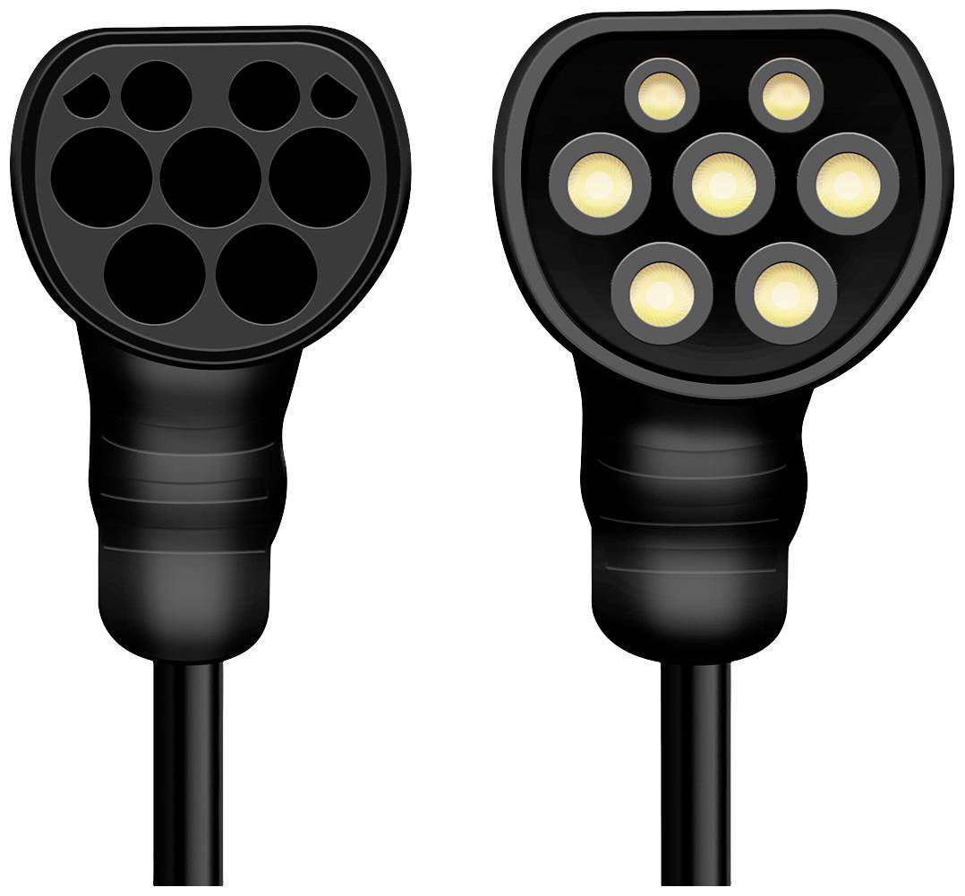 Prises de recharge pour véhicules électriques de type 1 et type 2. À gauche avec cinq trous ronds (« Type 1 »), à droite avec sept contacts (« Type 2 »).