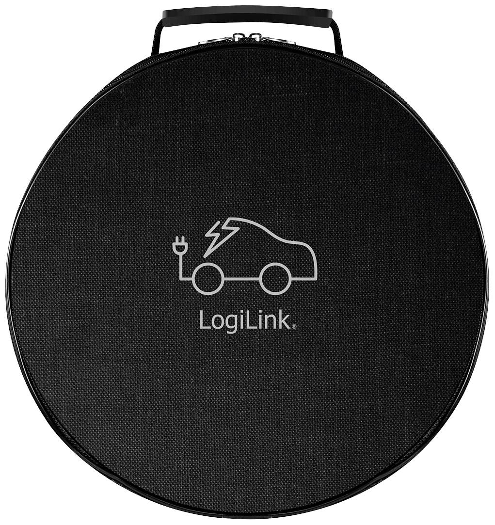 Sac noir rond avec un symbole de voiture électrique montrant un éclair et une prise. En dessous est inscrit le texte 'LogiLink'.