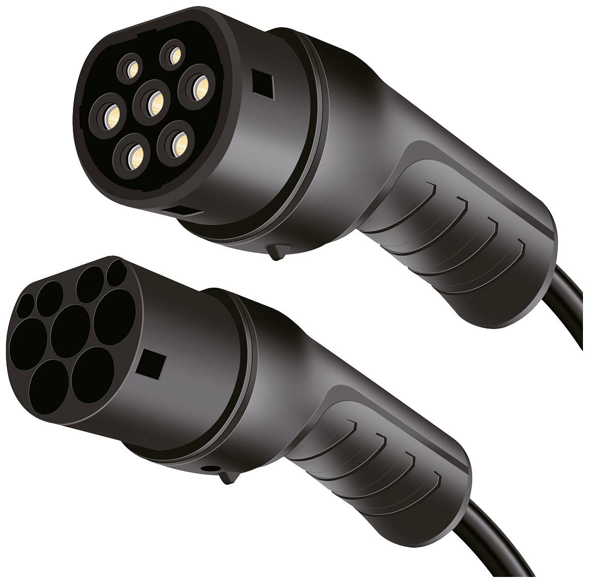 Deux bornes de recharge noires pour véhicules électriques, dont une avec sept broches disposées en cercle, montrent des connexions pour le chargement de véhicules.