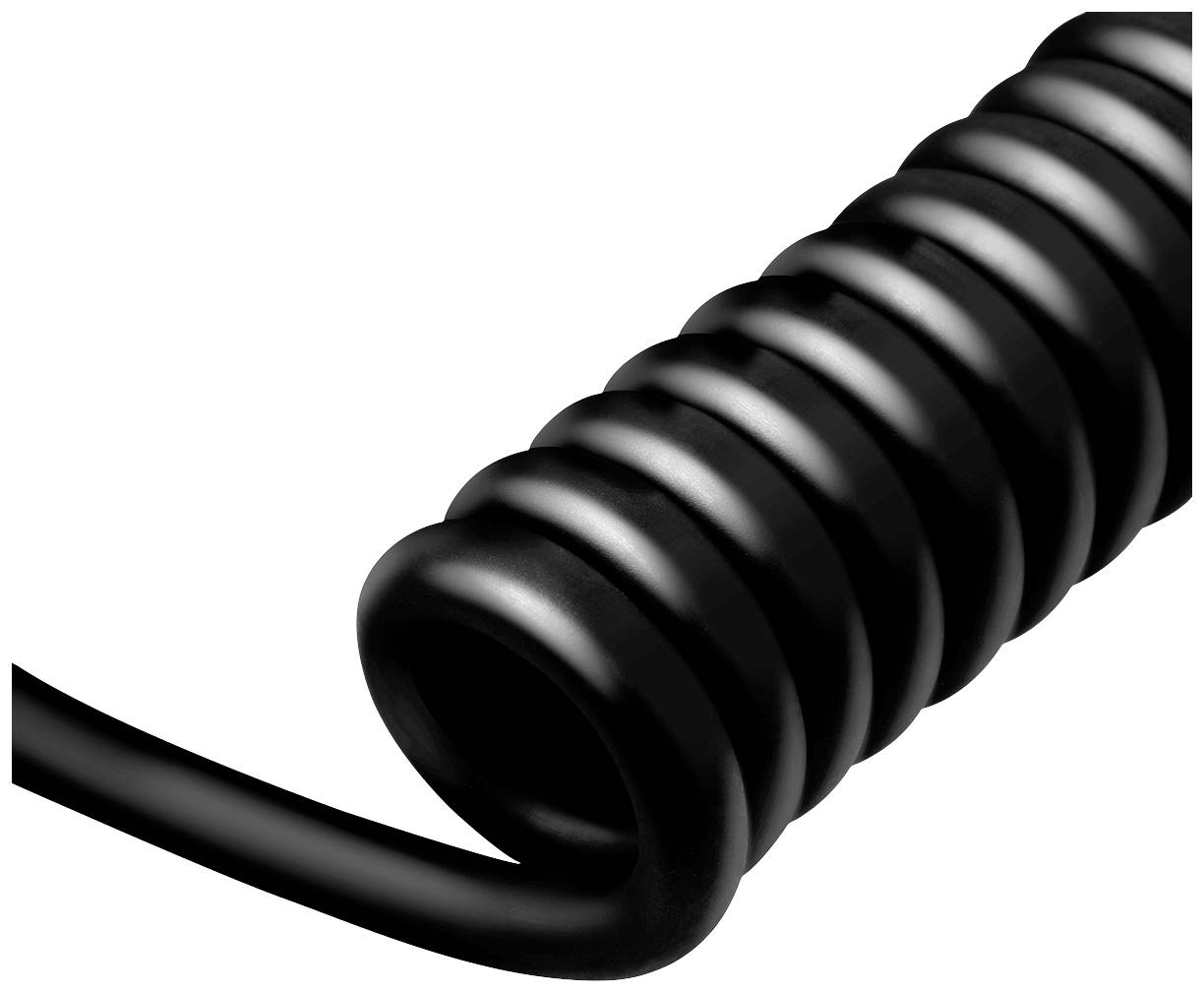Un câble spiralé noir, étroitement enroulé, repose sur un fond blanc.
