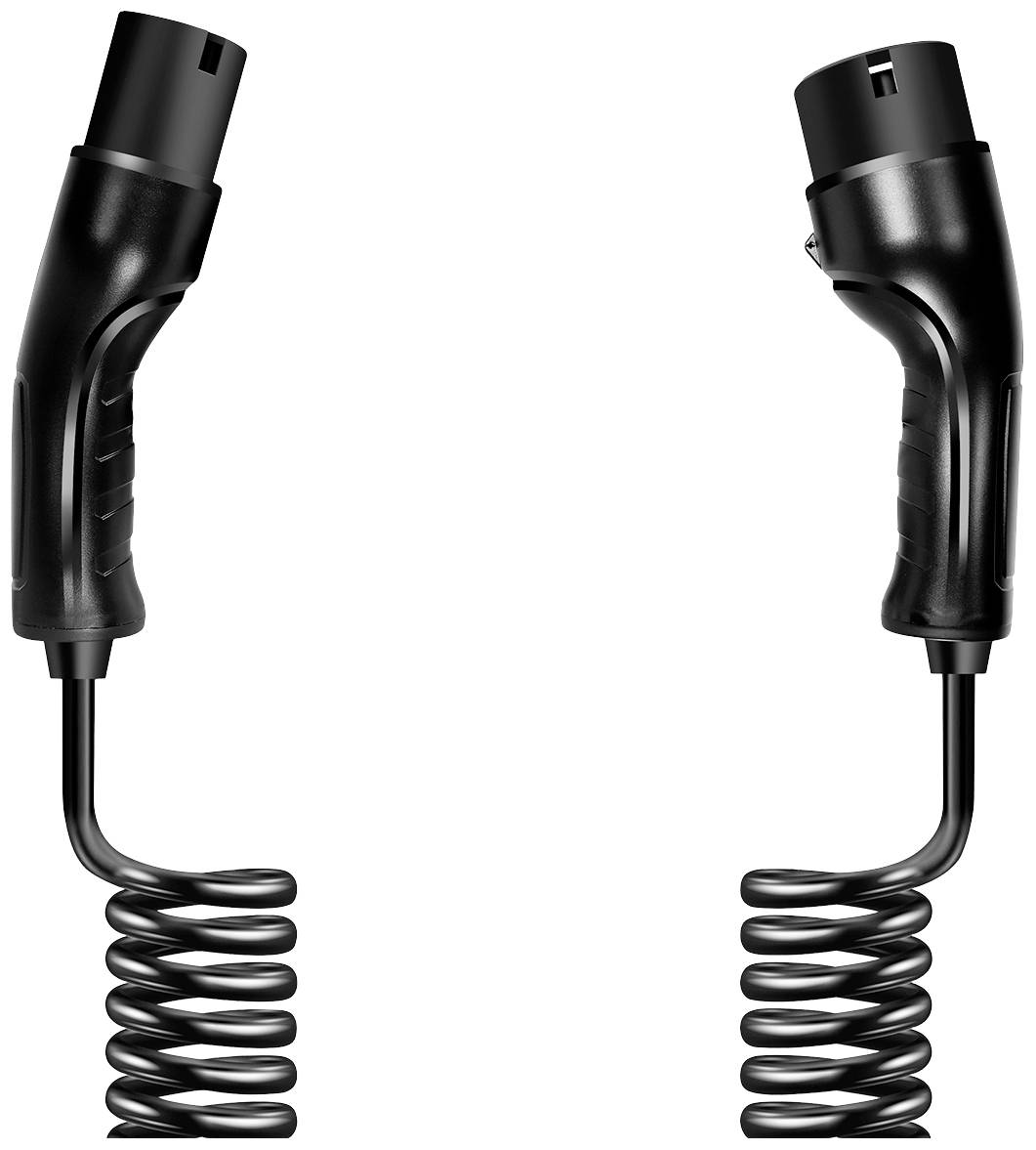 Deux câbles de charge électrique noirs et spiralés, munis de fiches à leurs extrémités, se tenant verticalement côte à côte et non connectés.