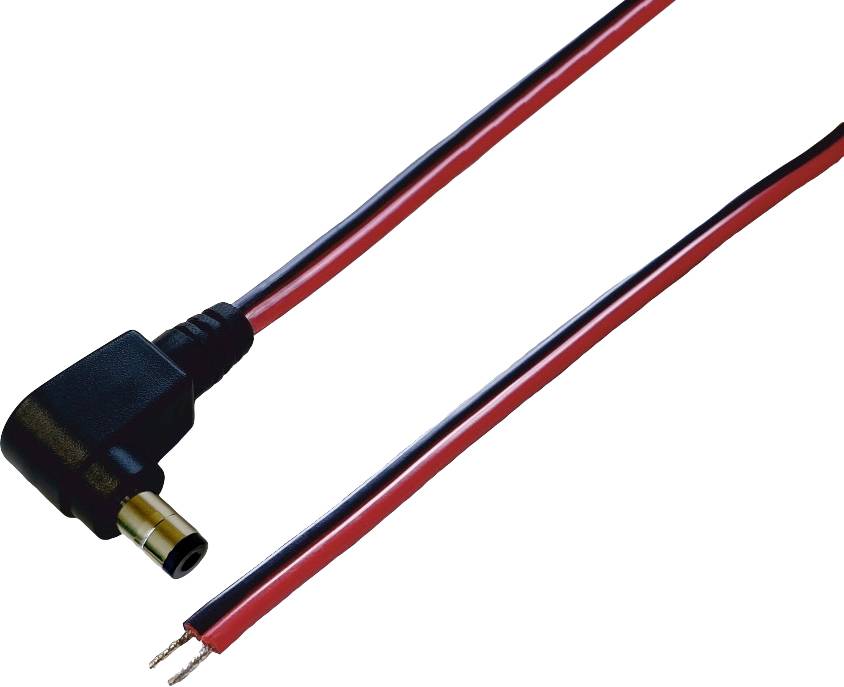 Câble noir et rouge avec une fiche DC coudée à son extrémité, adapté pour l'alimentation électrique des appareils électroniques.