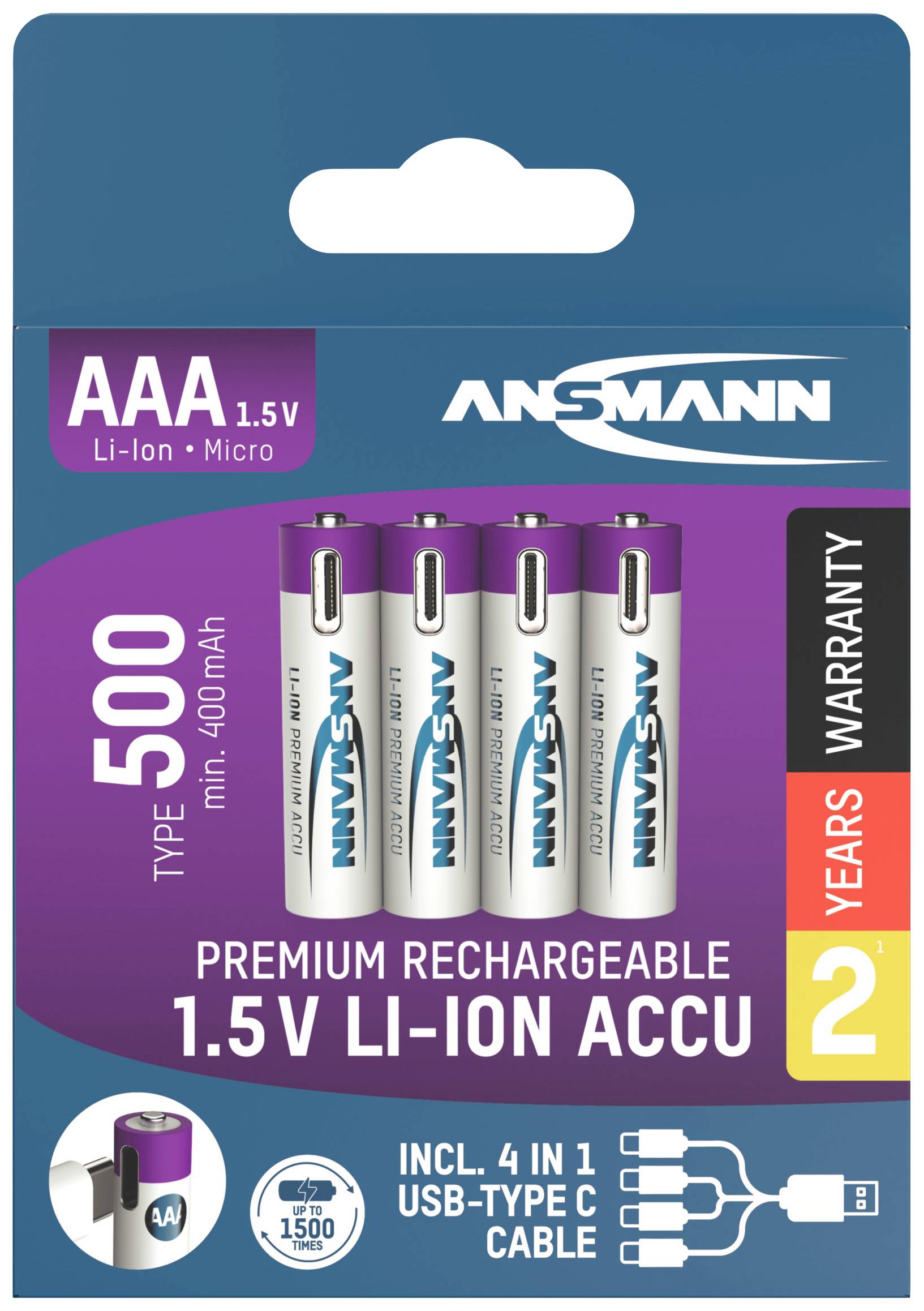 Ansmann LR03 USB-C Batterie USB-C® Li-Ion 500 mAh 1.5 V 4 pc(s)