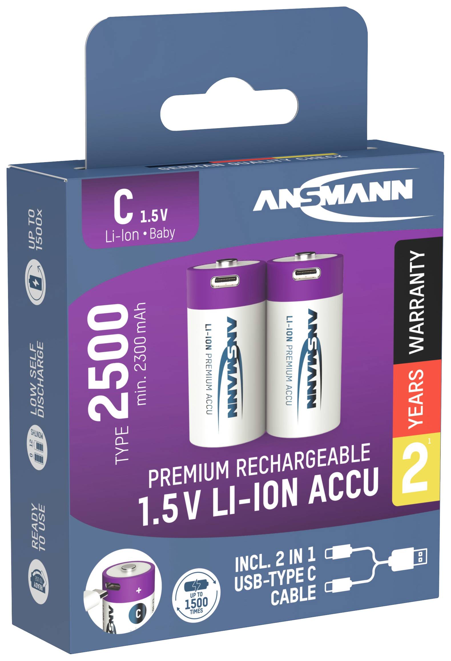 Ansmann LR15 USB-C Pile rechargeable LR14 (C) Li-Ion 2500 mAh 1.5 V 2 pc(s)