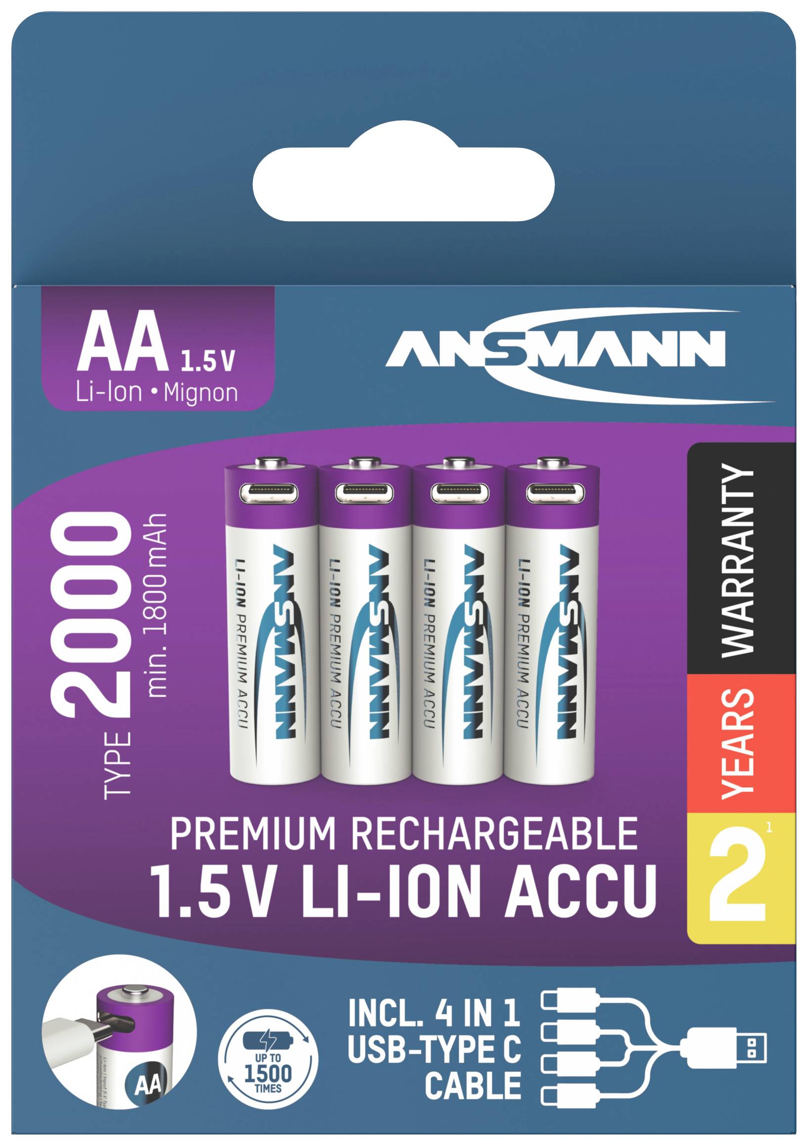 Ansmann Batterie USB-C® Li-Ion 2000 mAh 1.5 V 4 pc(s)