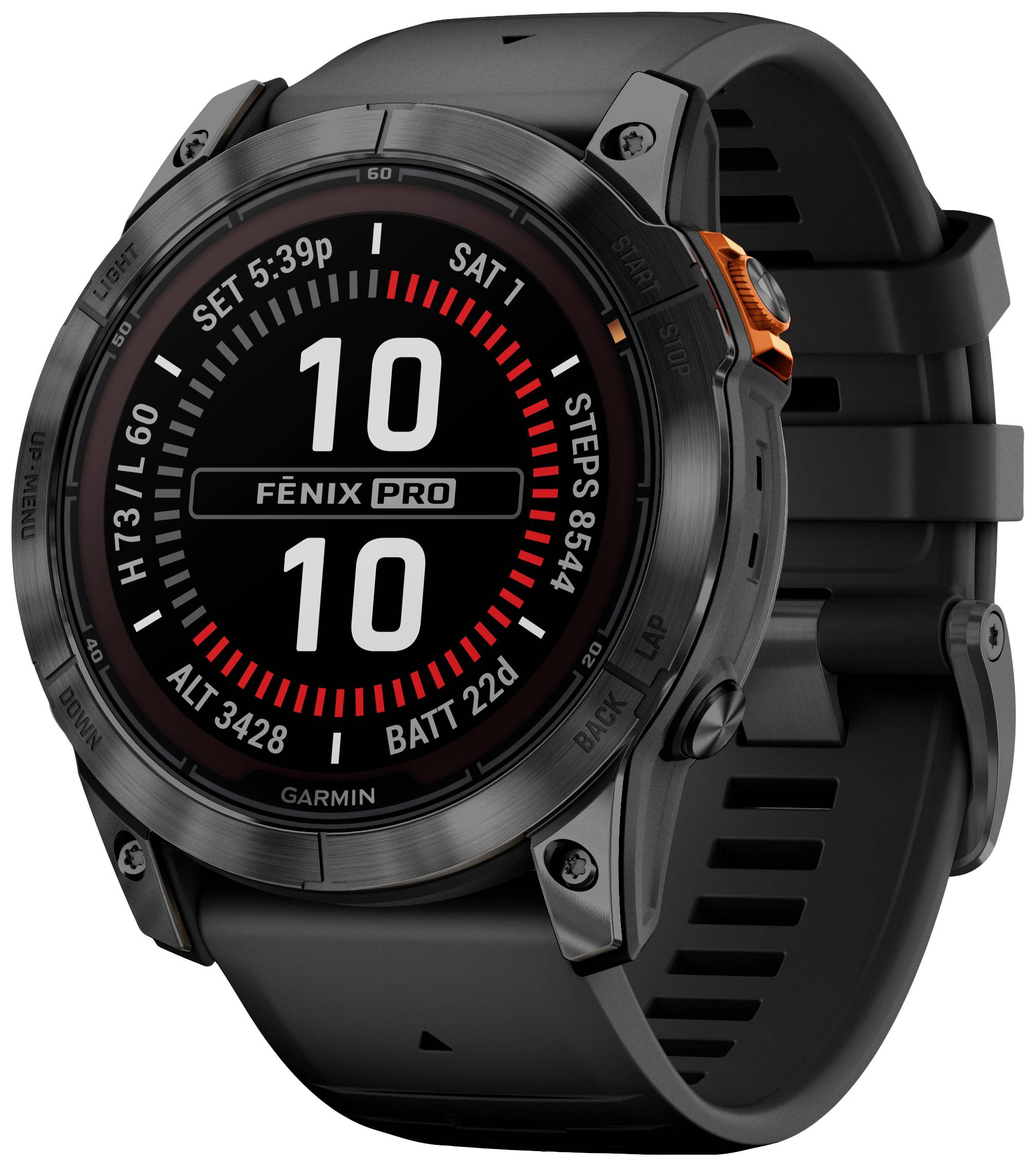 Une montre connectée noire à affichage circulaire indique l'heure '10:10'. Sur le pourtour sont visibles des marquages tels que 'Pas' et 'Batterie'.