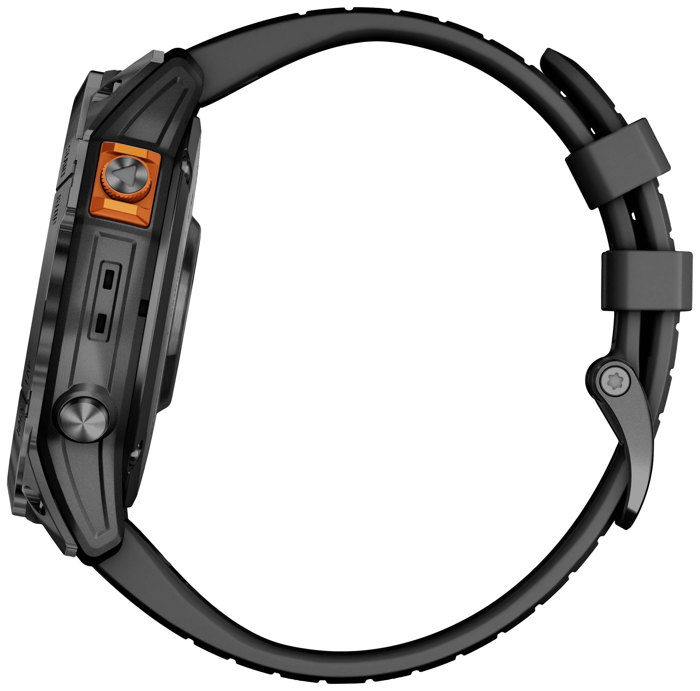 Montre connectée noire robuste vue de côté, avec un détail orange. Bracelet et boutons latéraux visibles. Adaptée aux activités de plein air.