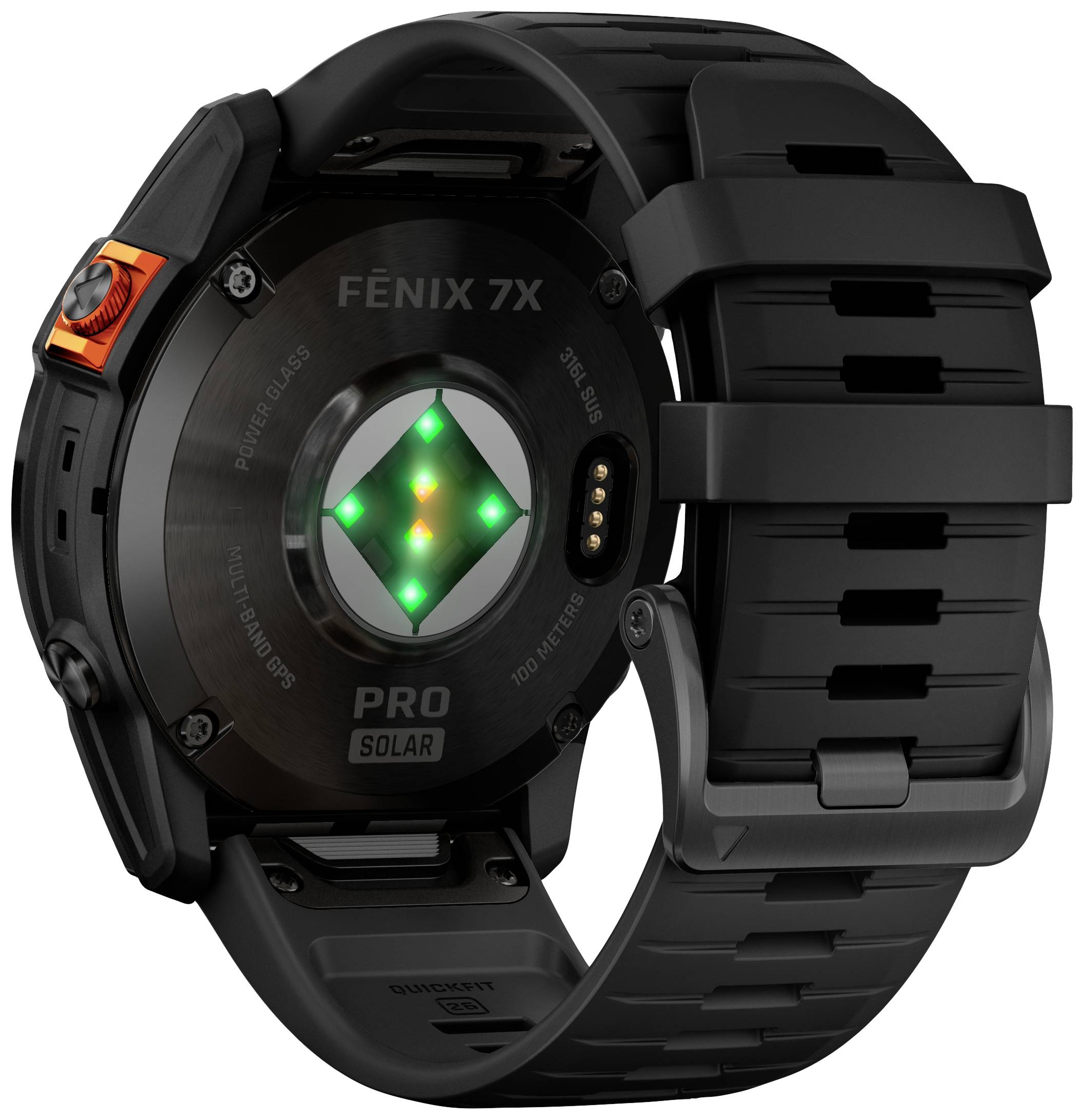 Le dos d'une montre de sport noire avec un système de charge solaire et des voyants LED montre le capteur de pouls et le capteur solaire.
