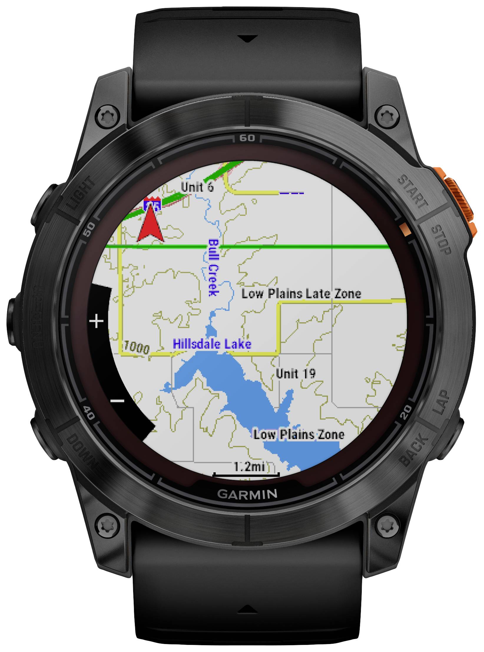 Une montre connectée affiche une carte topographique avec des zones marquées, la rivière 'Bull Creek' et le 'Lac Hillsdale'. Un marqueur rouge indique la position de 'Unité 6'.