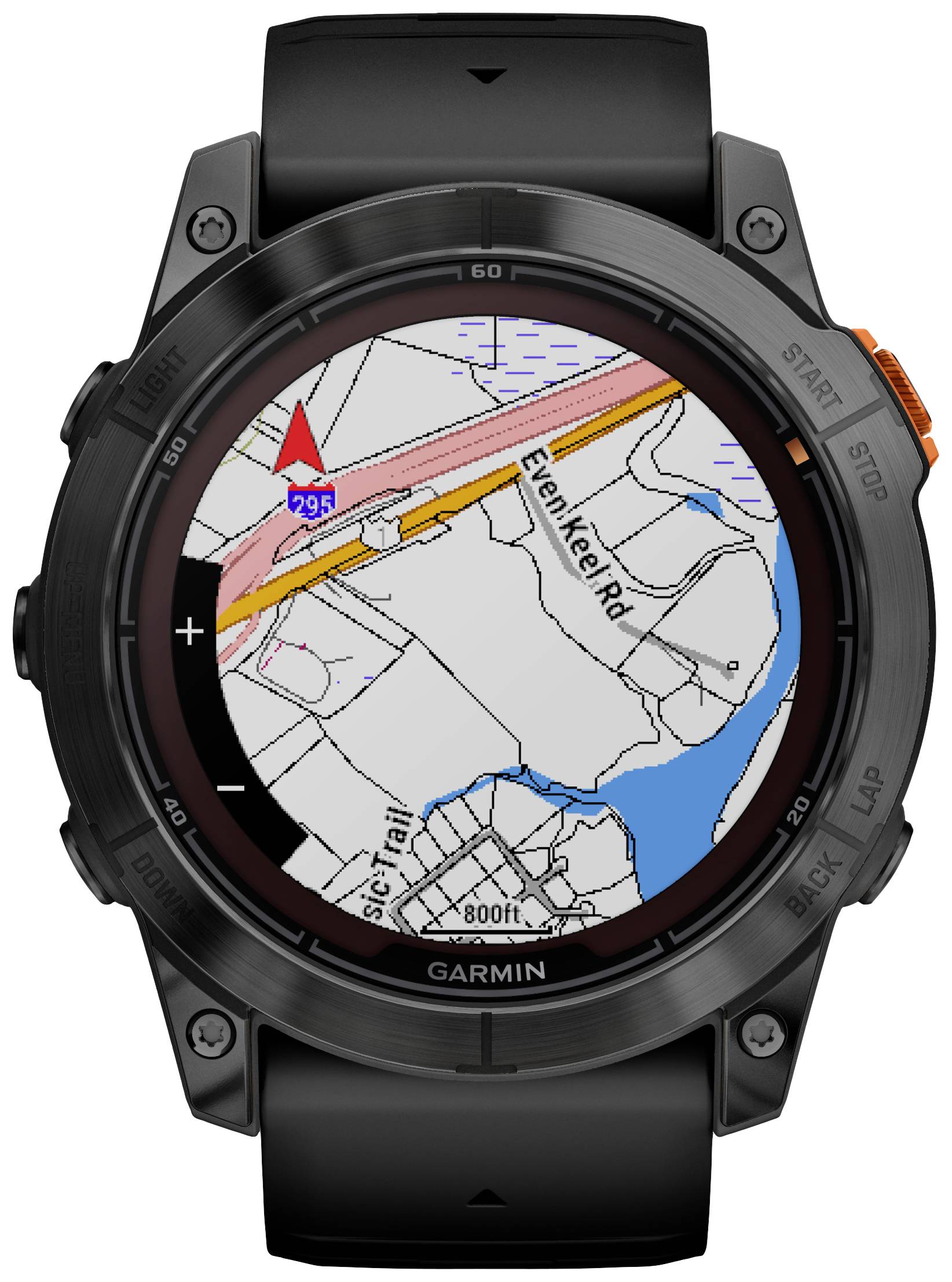 Une montre connectée affiche une carte avec un emplacement marqué sur l'autoroute '295' et 'Even Keel Rd', près d'un cours d'eau.
