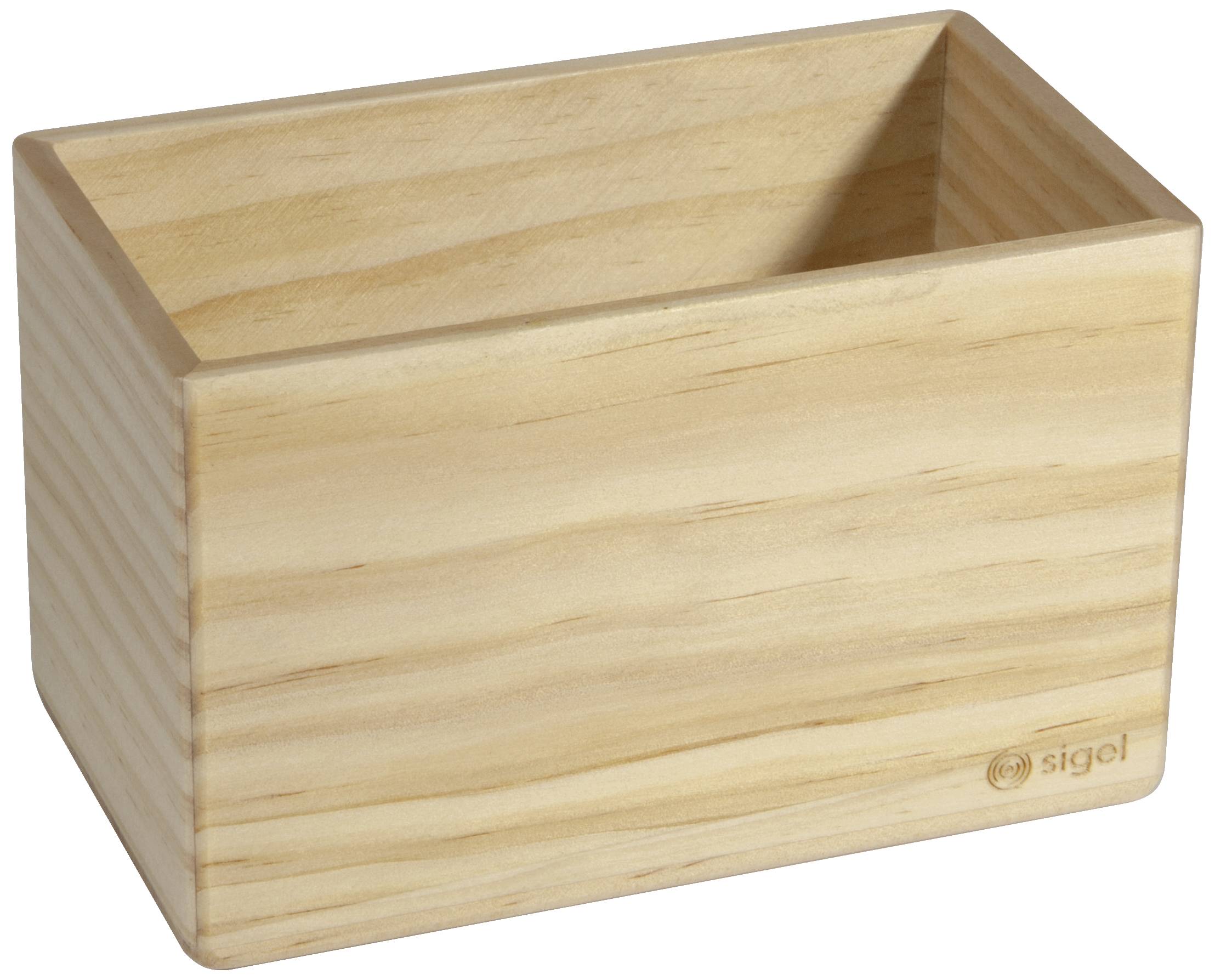 Boîte rectangulaire en bois naturel avec ouverture supérieure, adaptée au rangement de stylos ou de petits articles de bureau.
