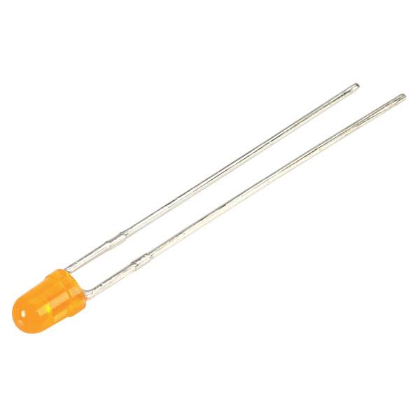 Eine orangefarbene LED mit zwei langen, geraden Anschlussdrähten.
