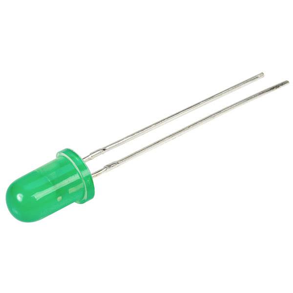 Eine grüne Leuchtdiode (LED) mit zwei Anschlussdrähten, die für elektronische Schaltungen oder Anzeigen verwendet wird.