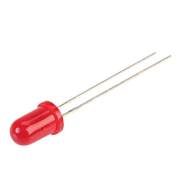Rote LED mit zwei langen Metallbeinen auf weißem Hintergrund.